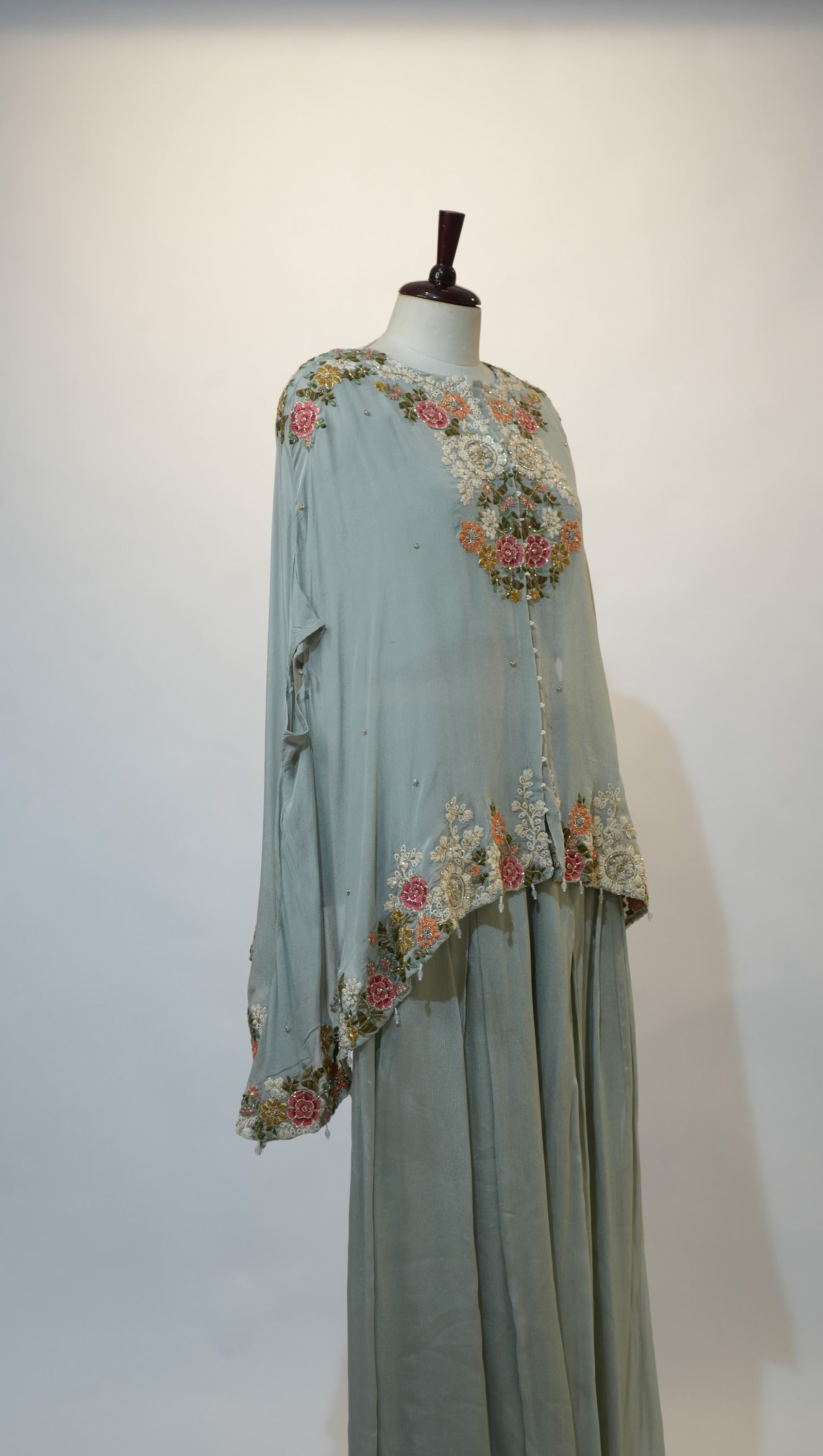 Powder Blue Floral Embroidered Cape Kaftan Set