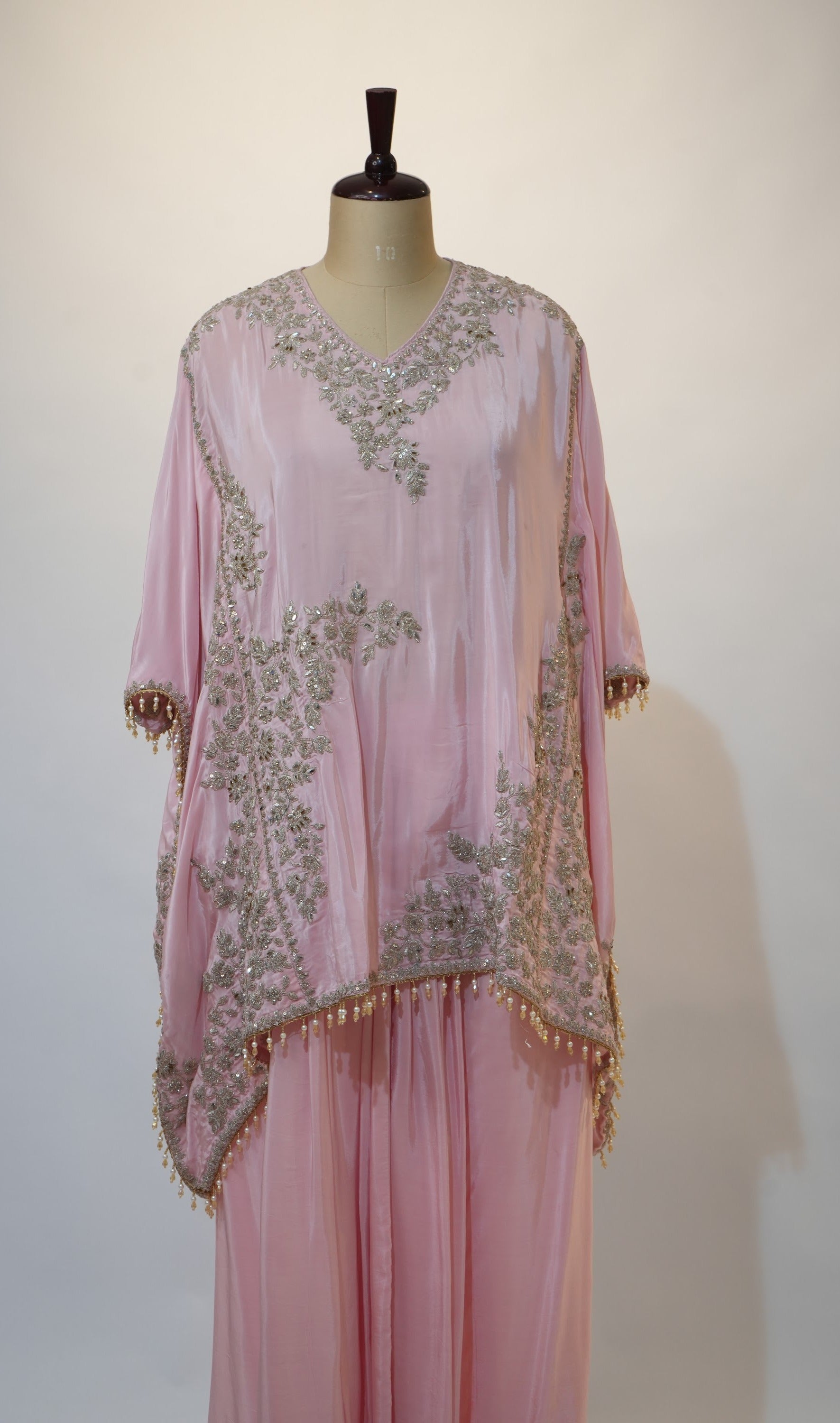 Pink Floral Embroidered Kaftan Palazzo Set