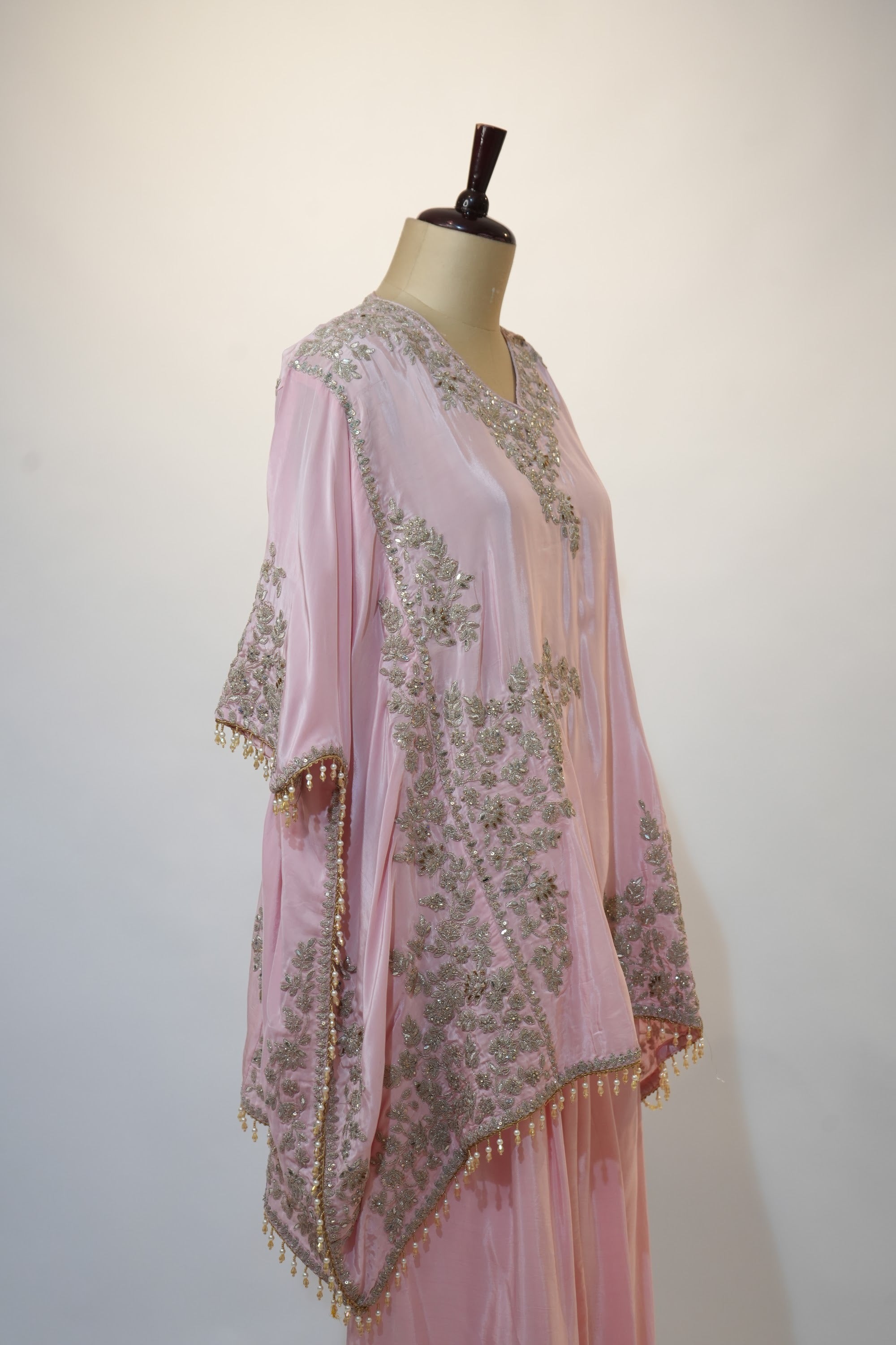 Pink Floral Embroidered Kaftan Palazzo Set