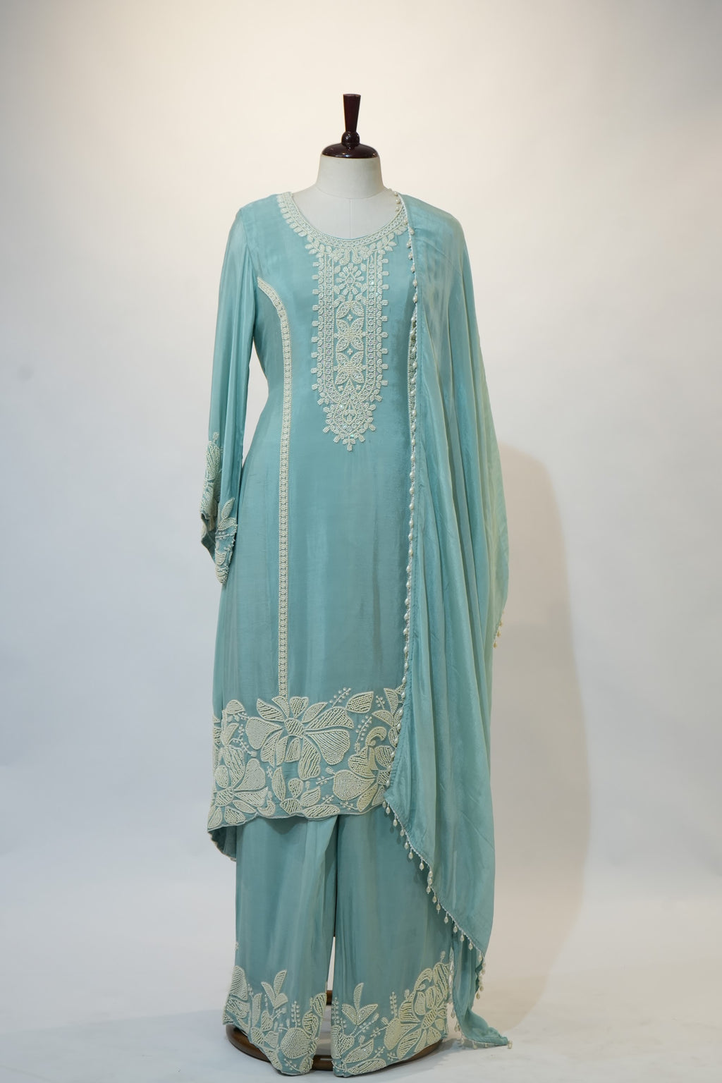 Sky Blue Floral Appliqué Palazzo Suit Set