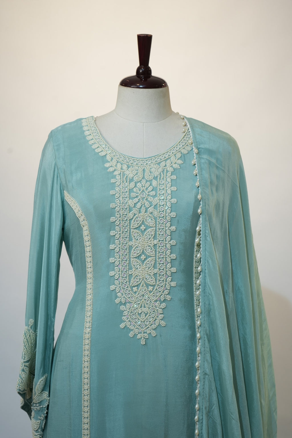 Sky Blue Floral Appliqué Palazzo Suit Set