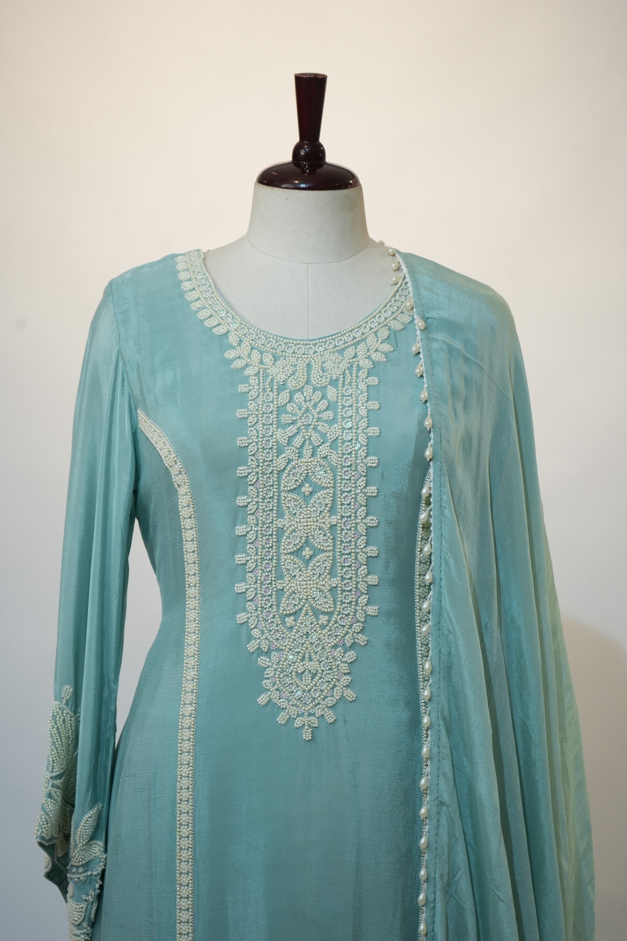 Sky Blue Floral Appliqué Palazzo Suit Set