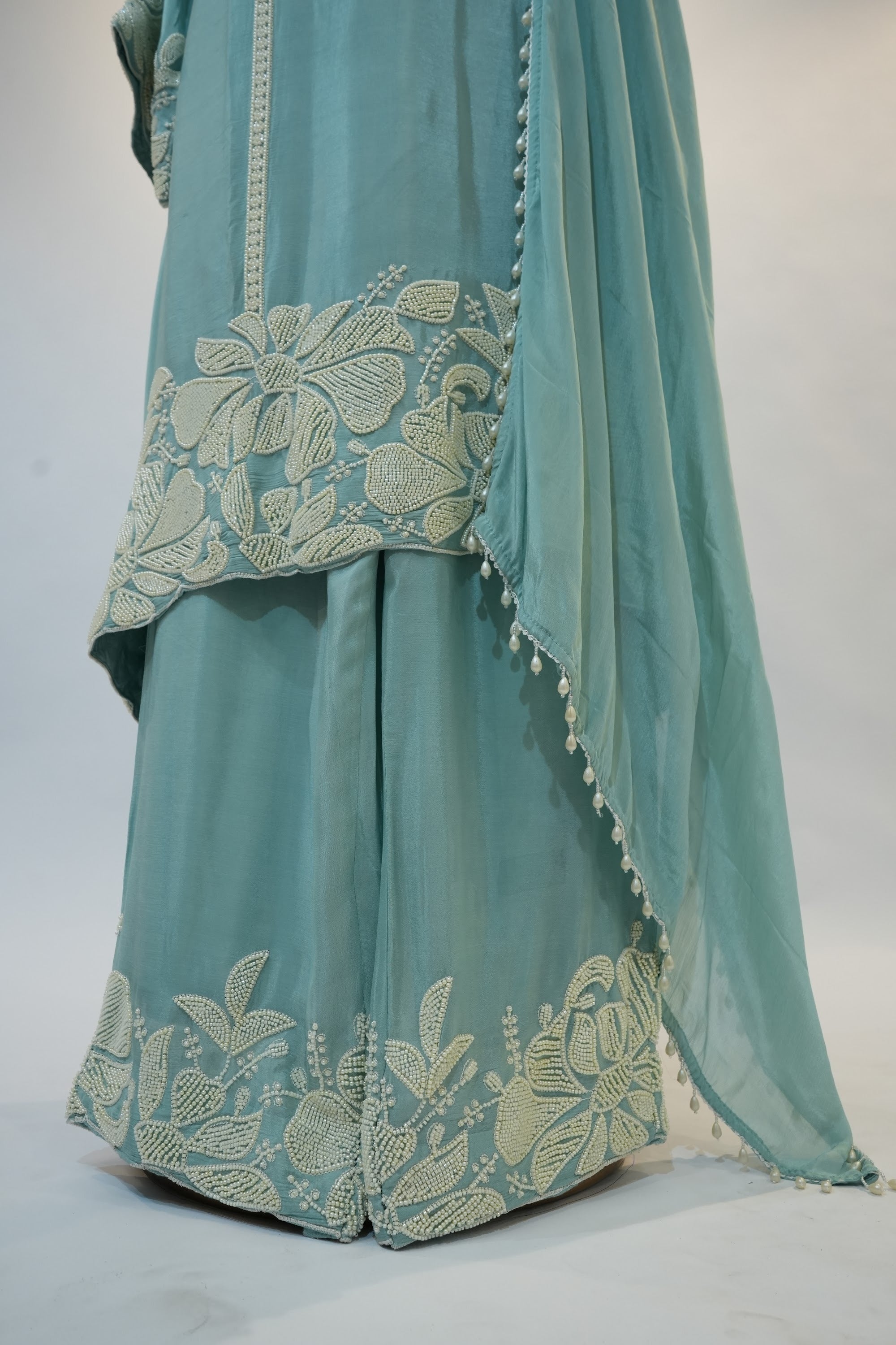 Sky Blue Floral Appliqué Palazzo Suit Set