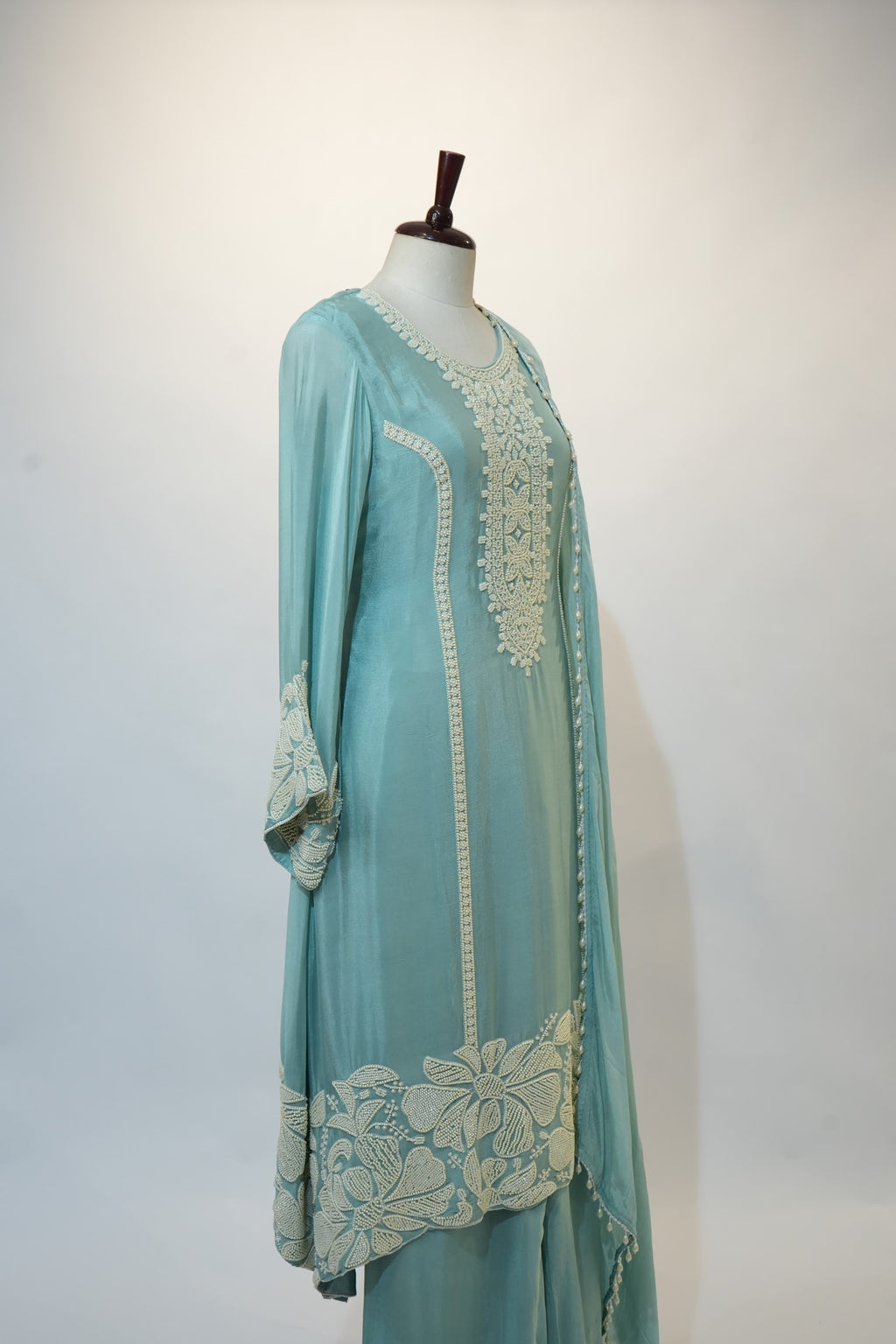 Sky Blue Floral Appliqué Palazzo Suit Set