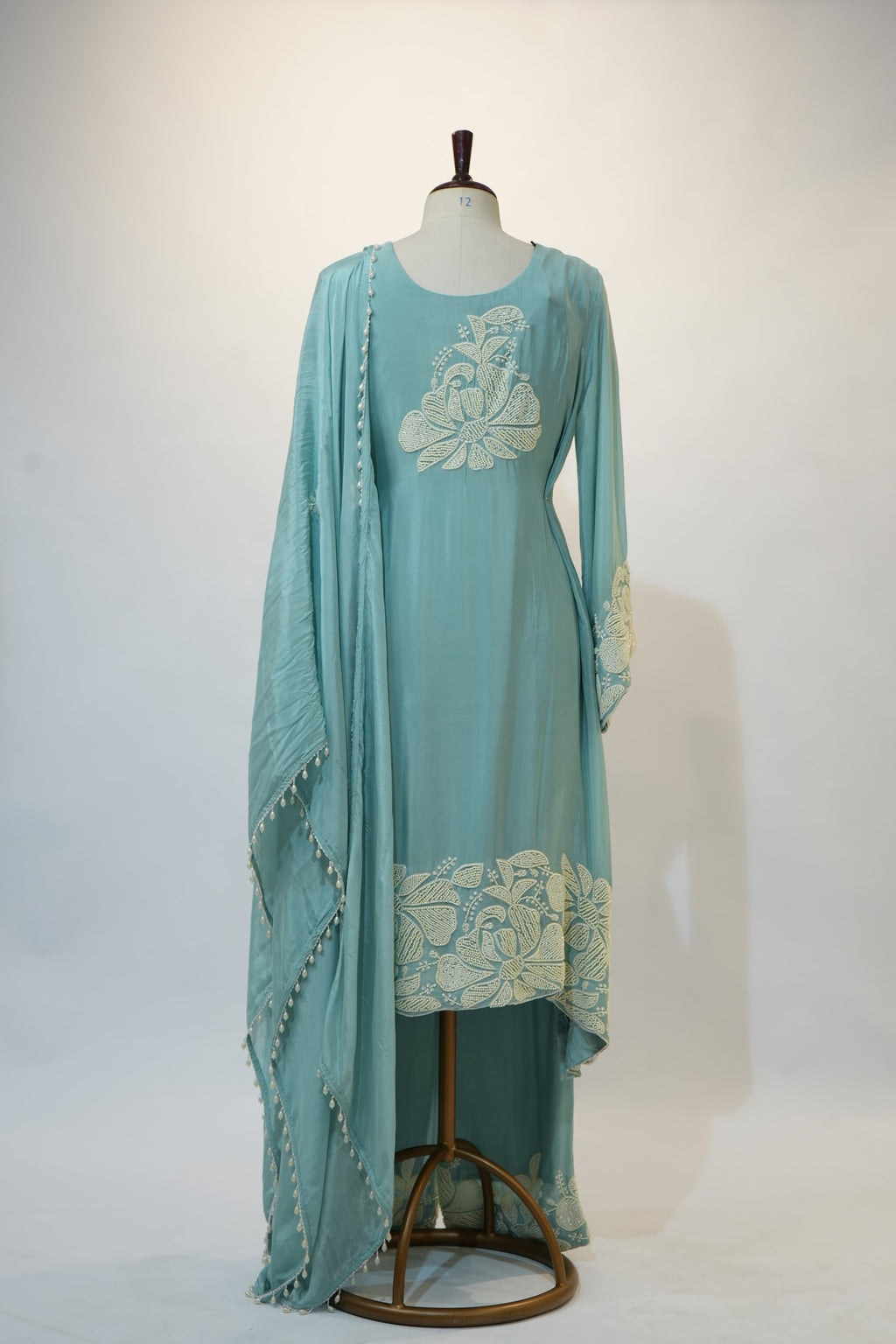 Sky Blue Floral Appliqué Palazzo Suit Set