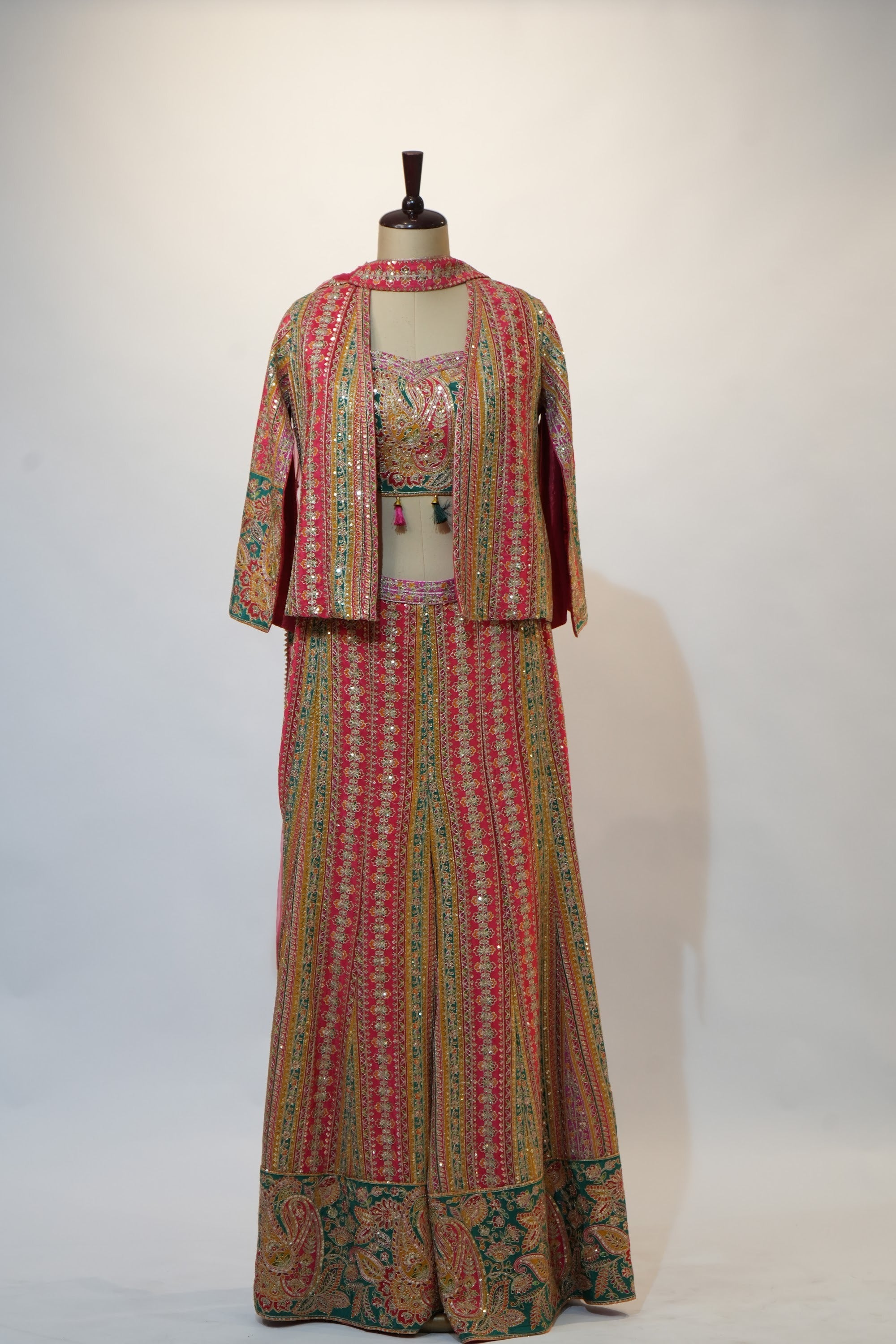 Multicolor Striped Embroidered Lehenga Cape Set