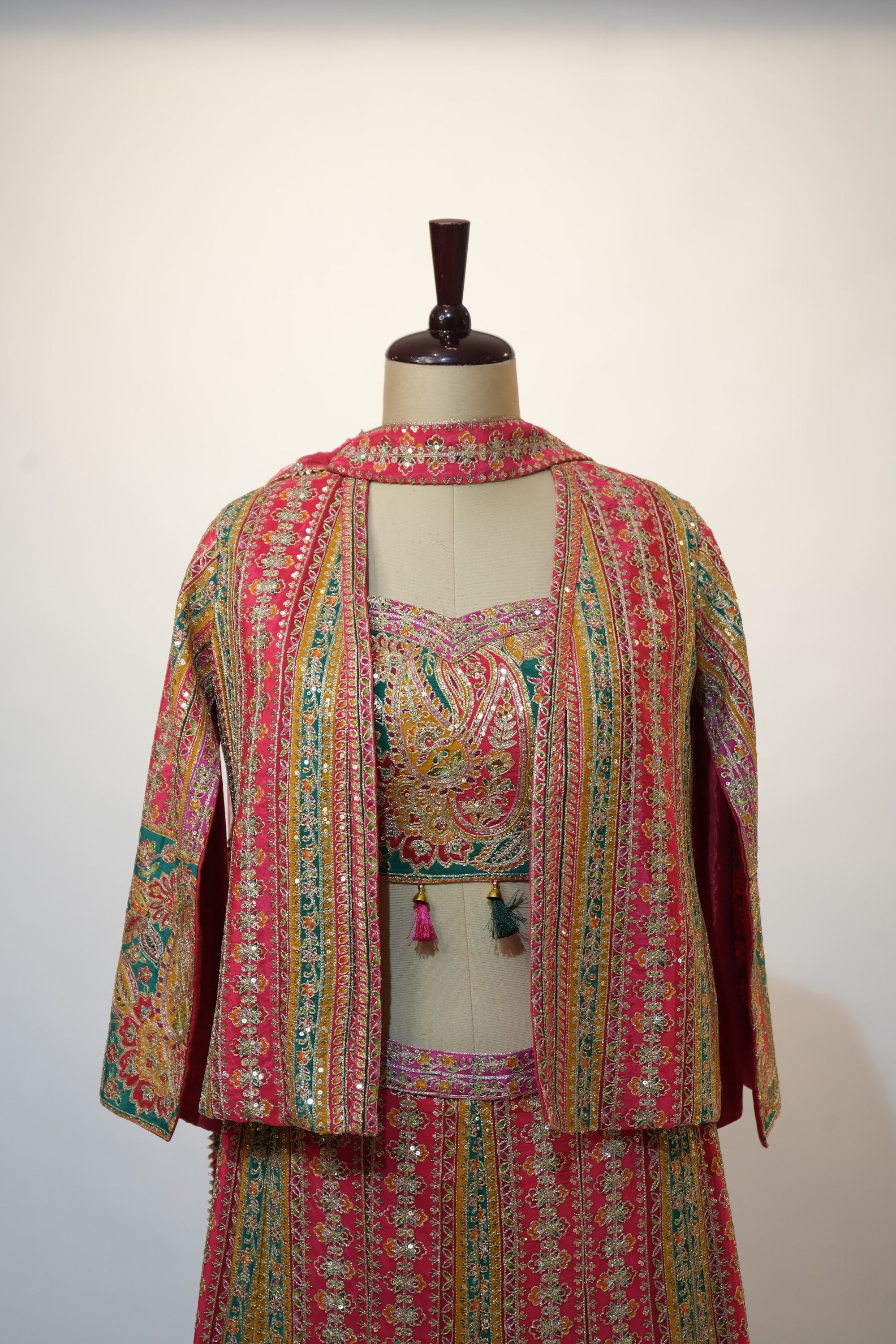 Multicolor Striped Embroidered Lehenga Cape Set