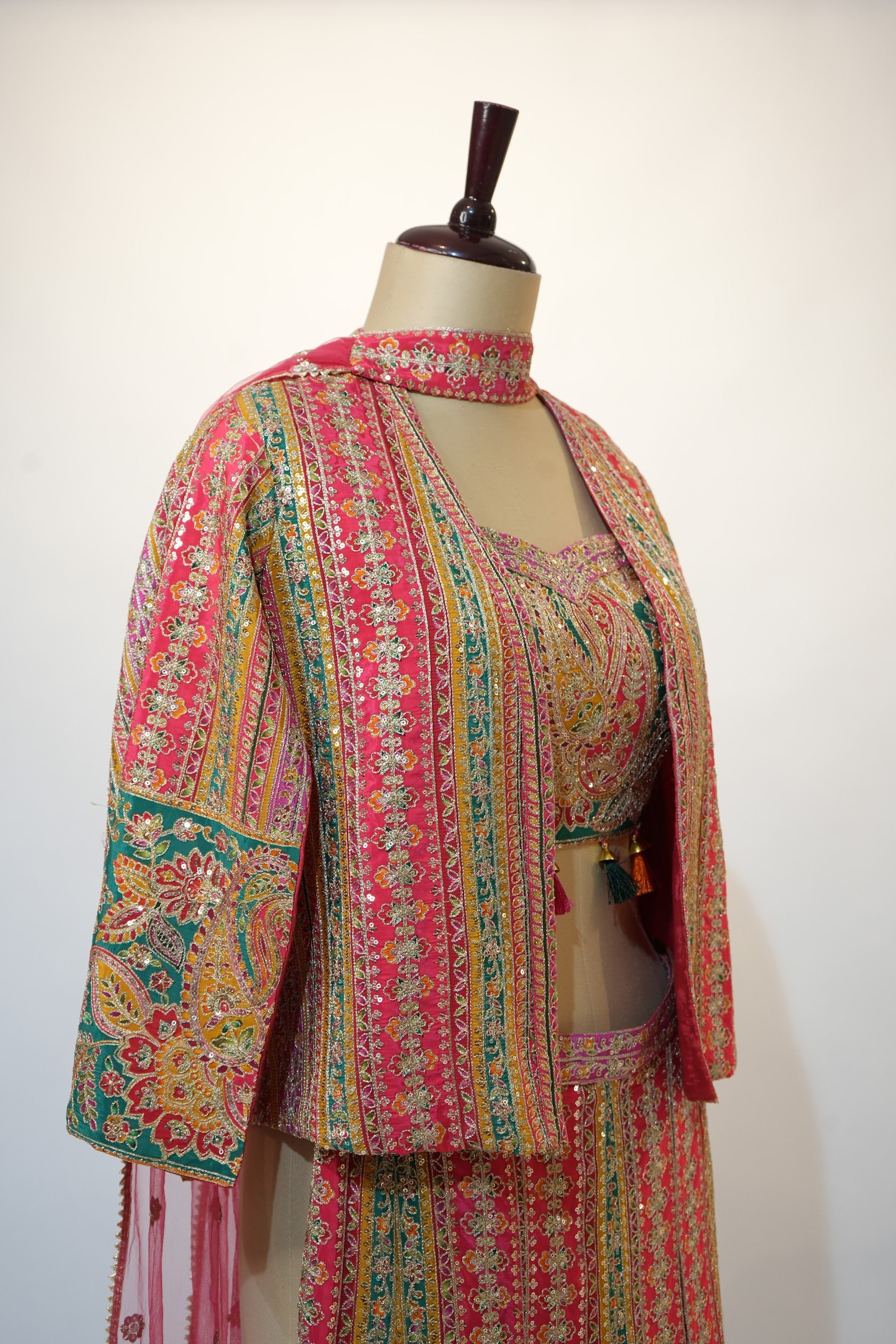 Multicolor Striped Embroidered Lehenga Cape Set