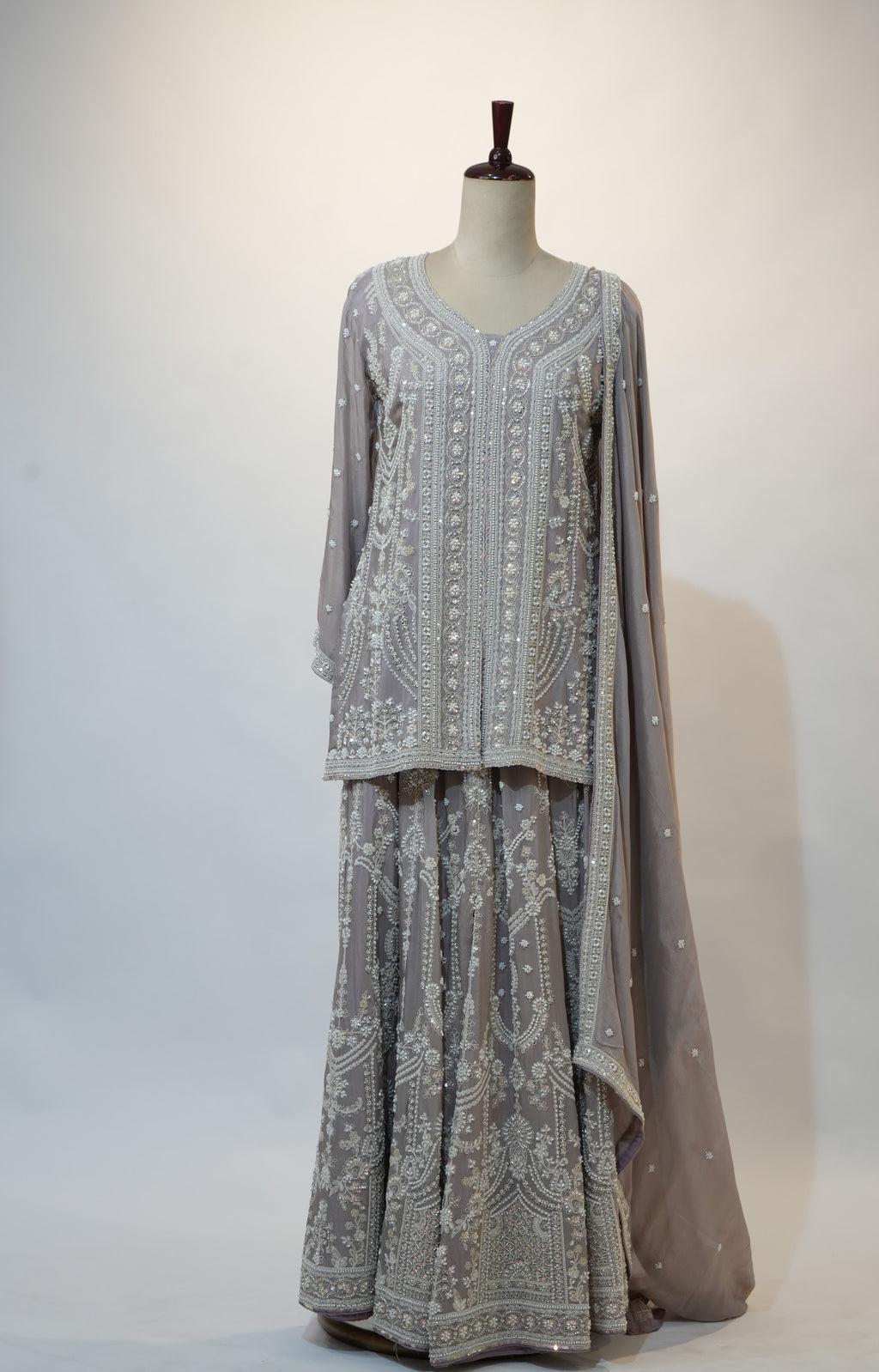 Silver Grey Chikankari Embroidered Sharara Set