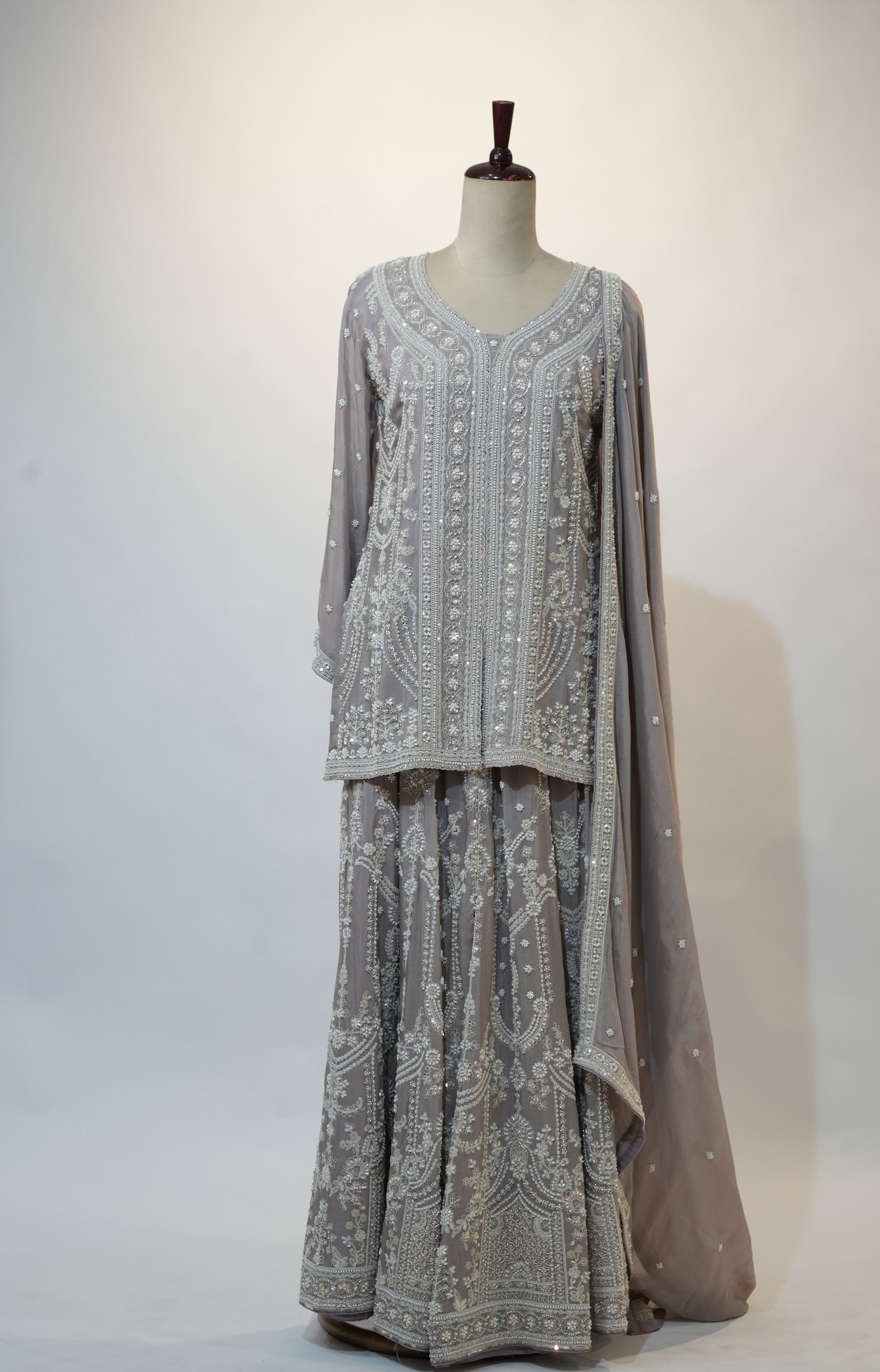 Silver Grey Chikankari Embroidered Sharara Set