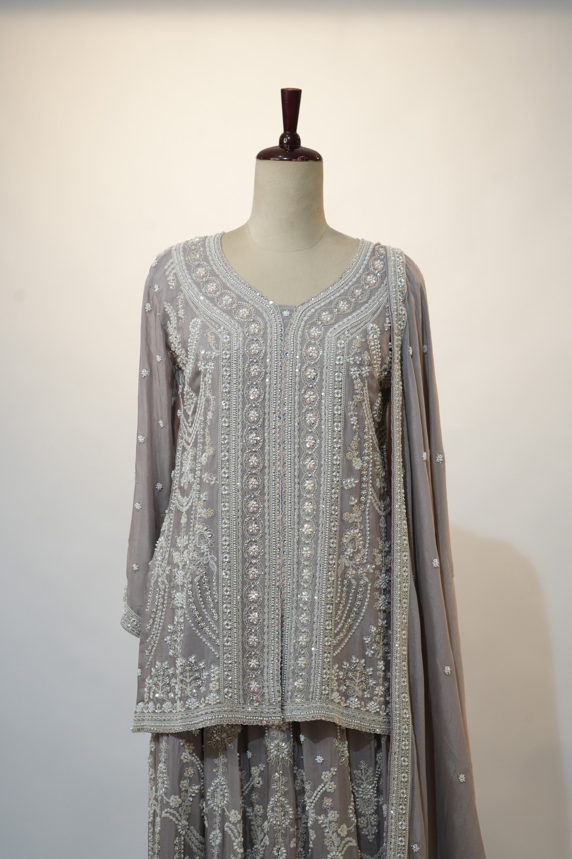 Silver Grey Chikankari Embroidered Sharara Set