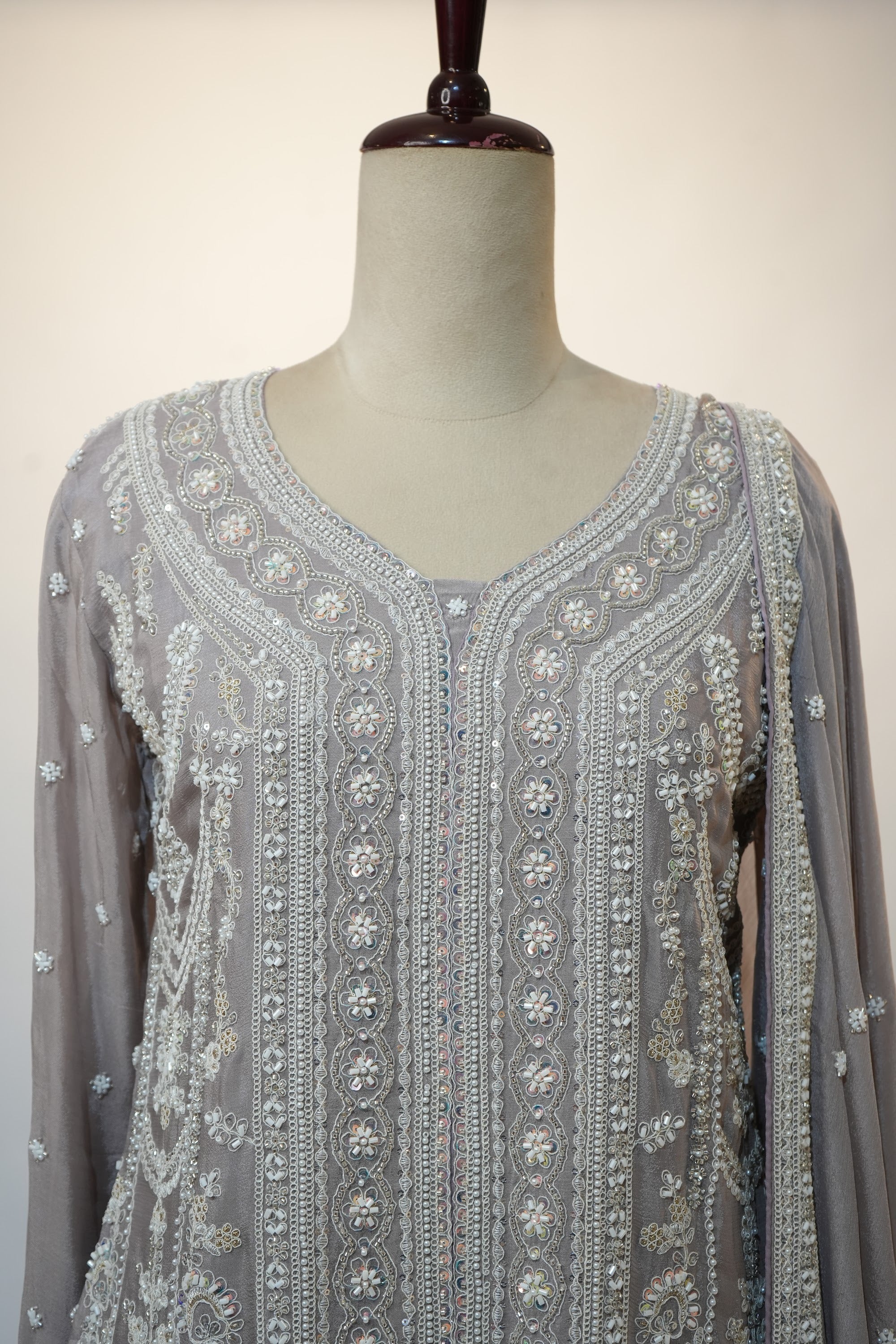 Silver Grey Chikankari Embroidered Sharara Set