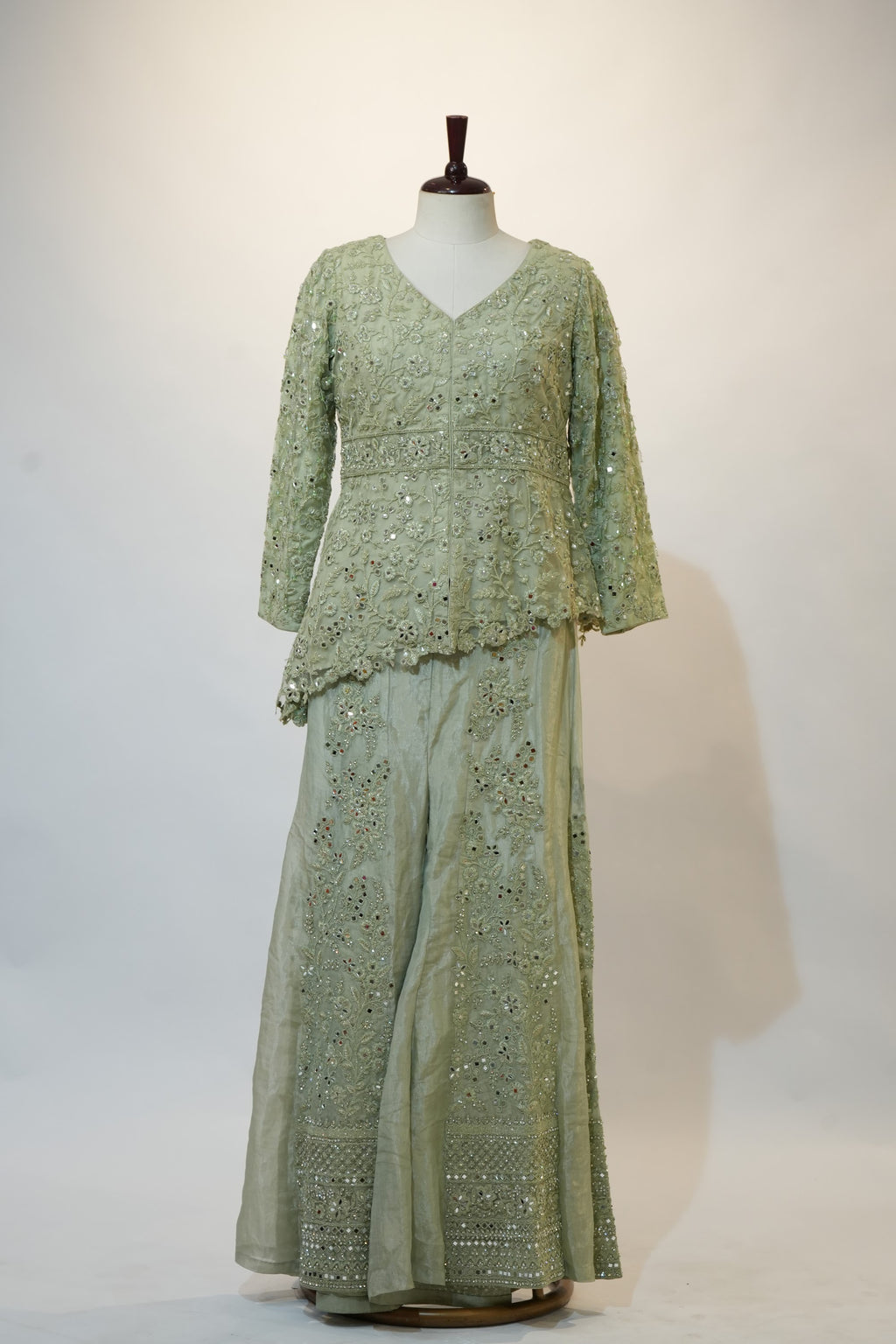 Sage Green Mirror Embroidered Peplum Palazzo Set