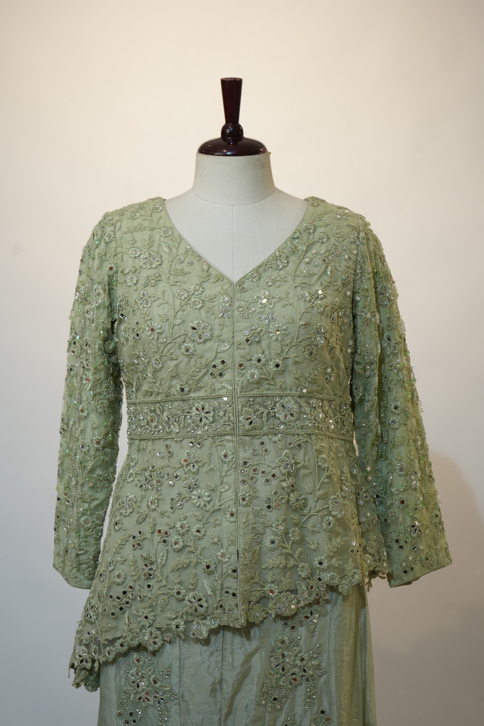 Sage Green Mirror Embroidered Peplum Palazzo Set