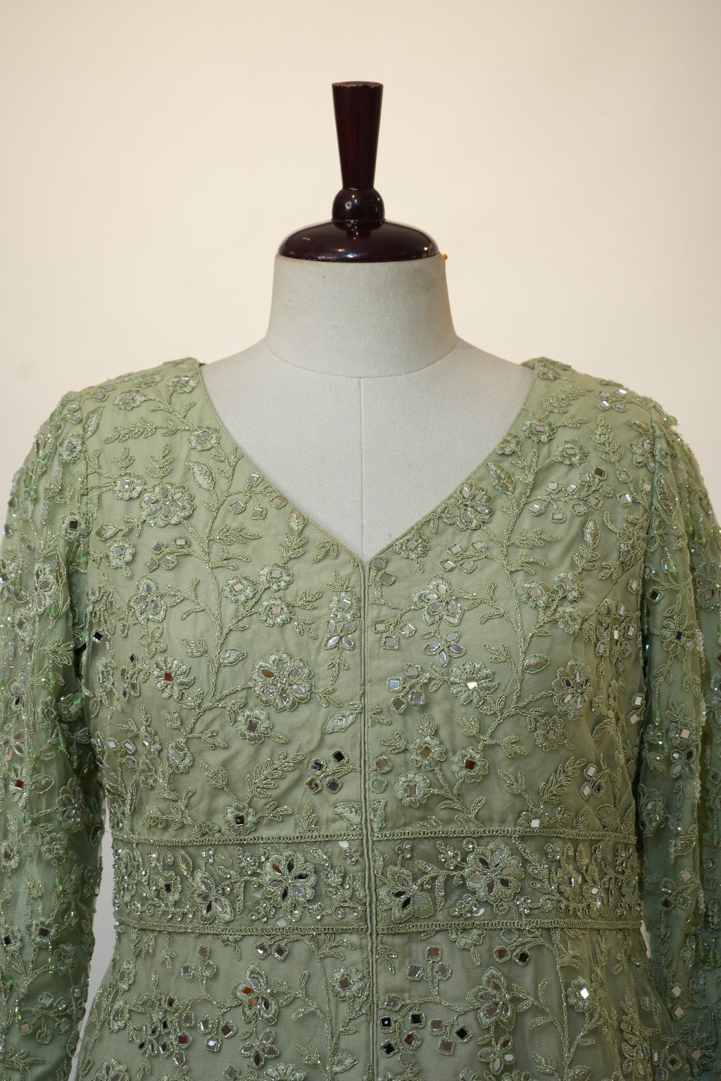Sage Green Mirror Embroidered Peplum Palazzo Set