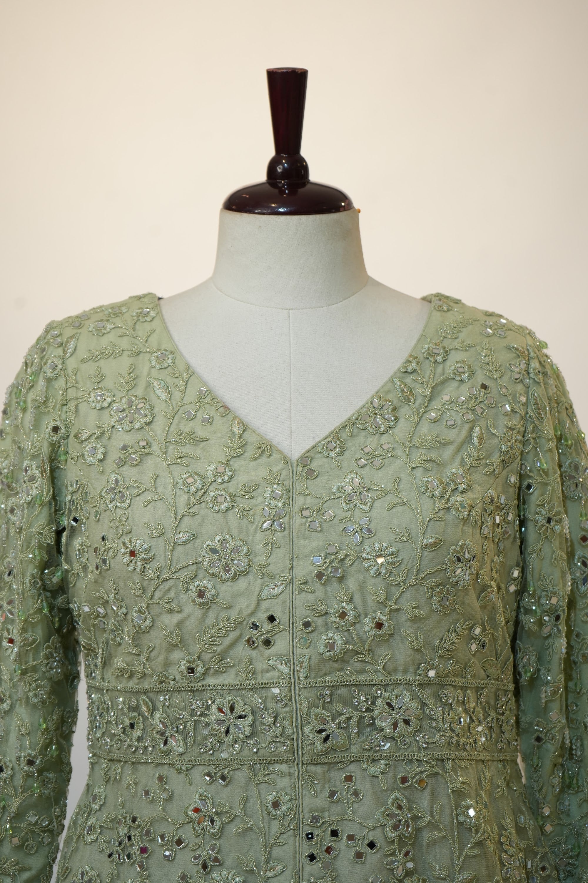 Sage Green Mirror Embroidered Peplum Palazzo Set