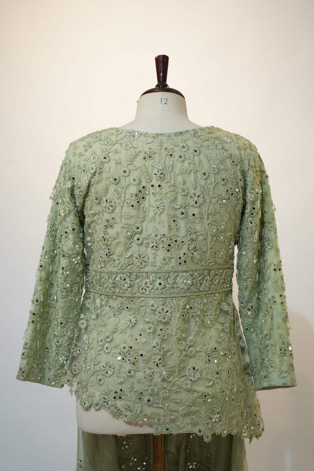 Sage Green Mirror Embroidered Peplum Palazzo Set