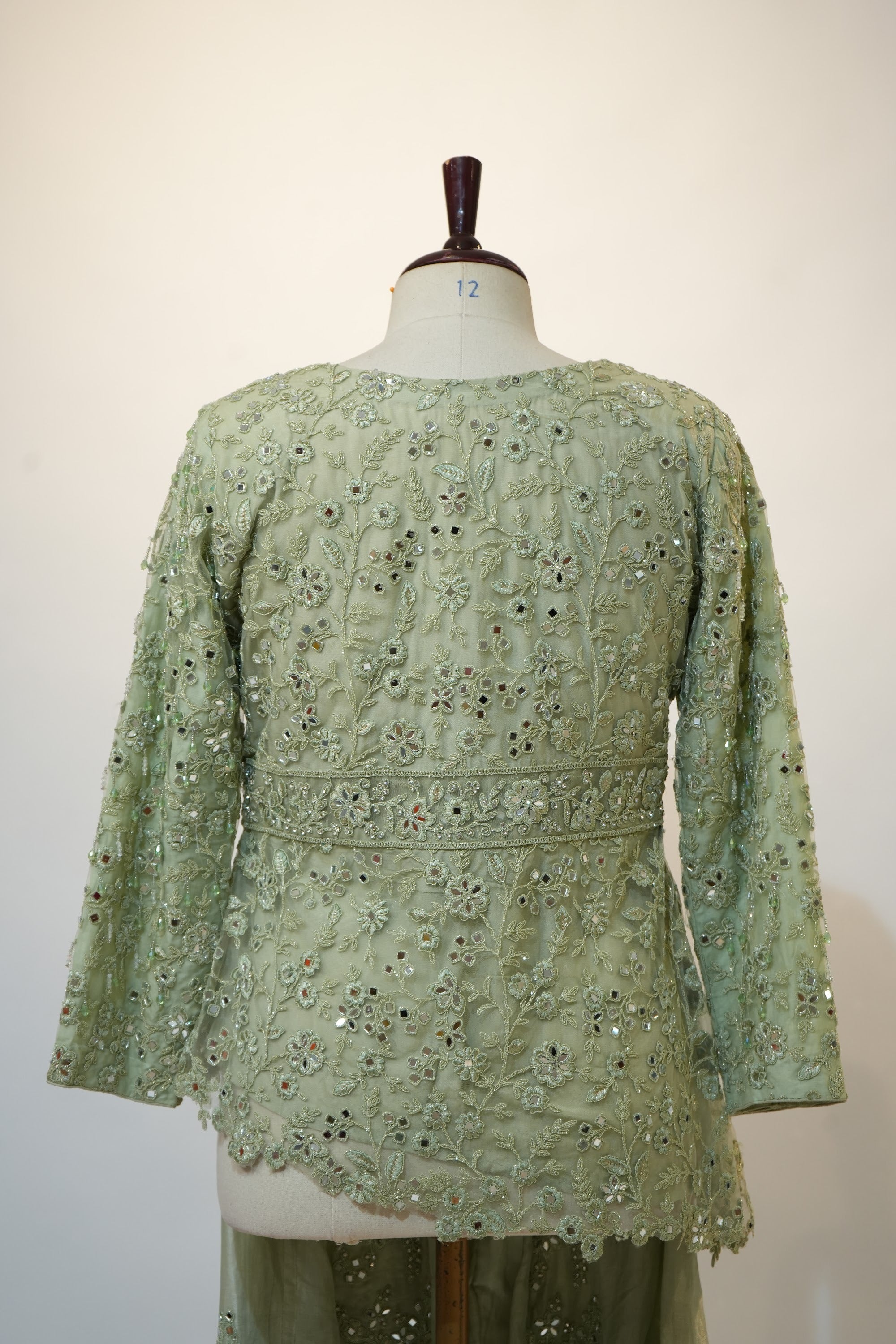 Sage Green Mirror Embroidered Peplum Palazzo Set