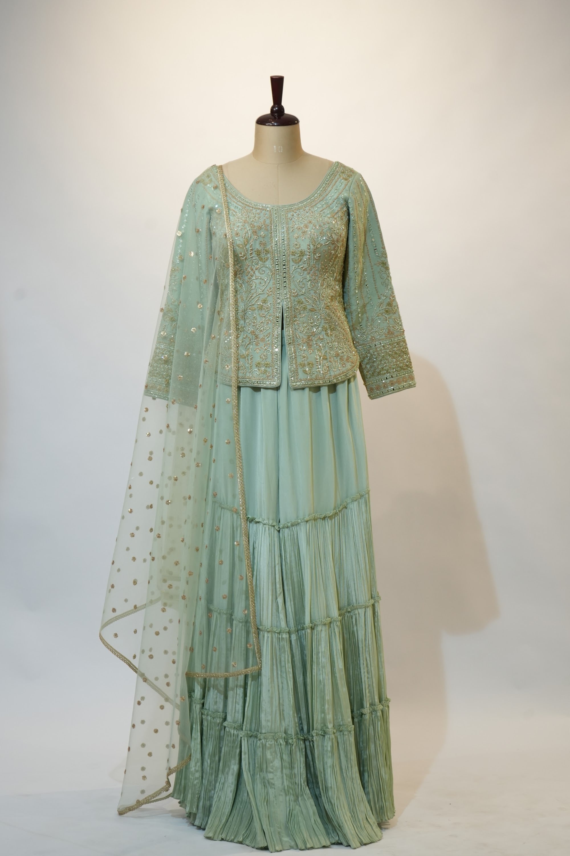 Sea Green Tiered Embroidered Sharara Set
