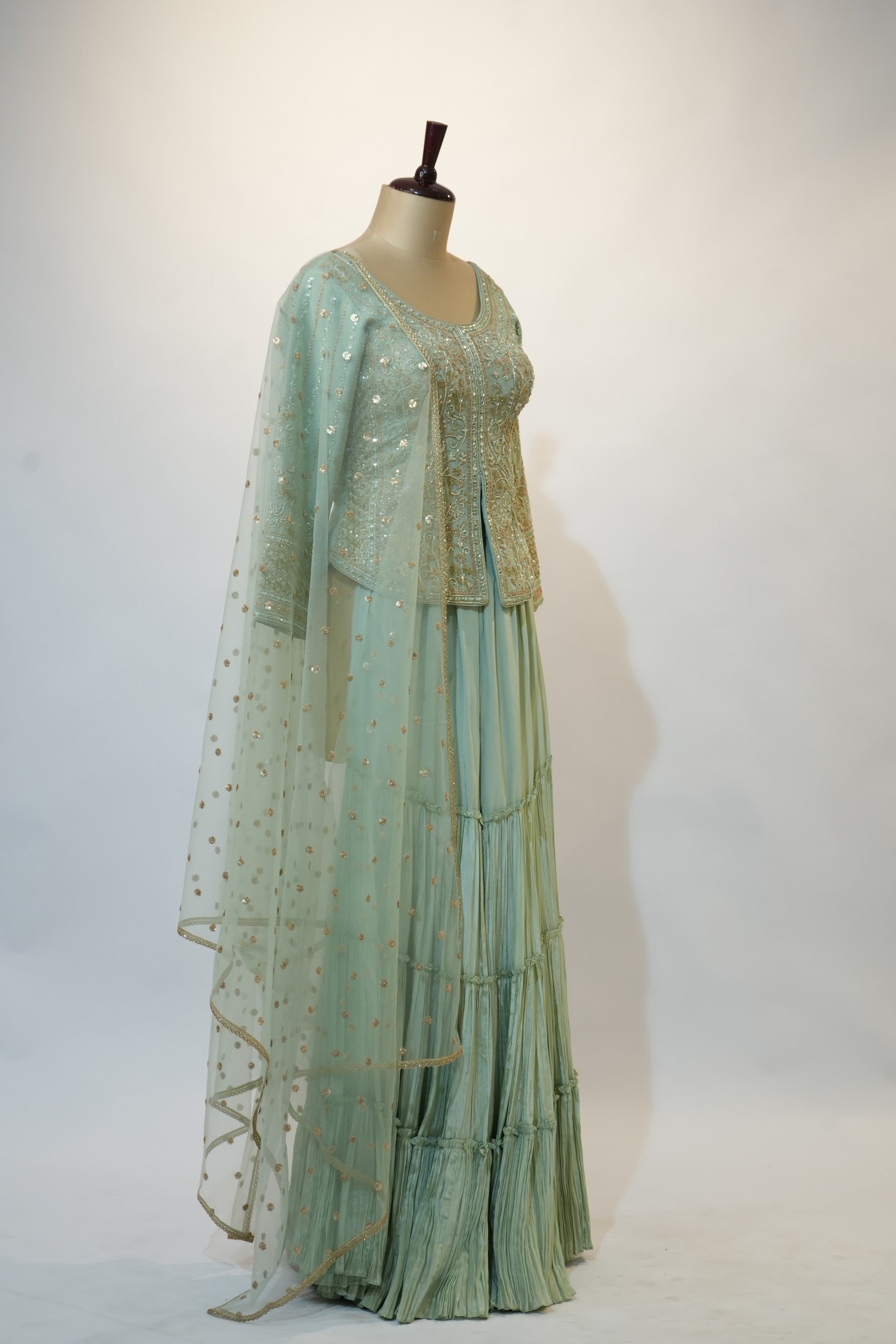 Sea Green Tiered Embroidered Sharara Set