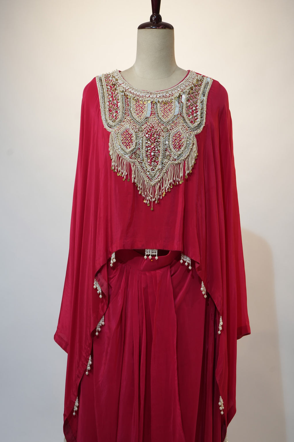 Crimson Red Beaded Cape Kaftan Set