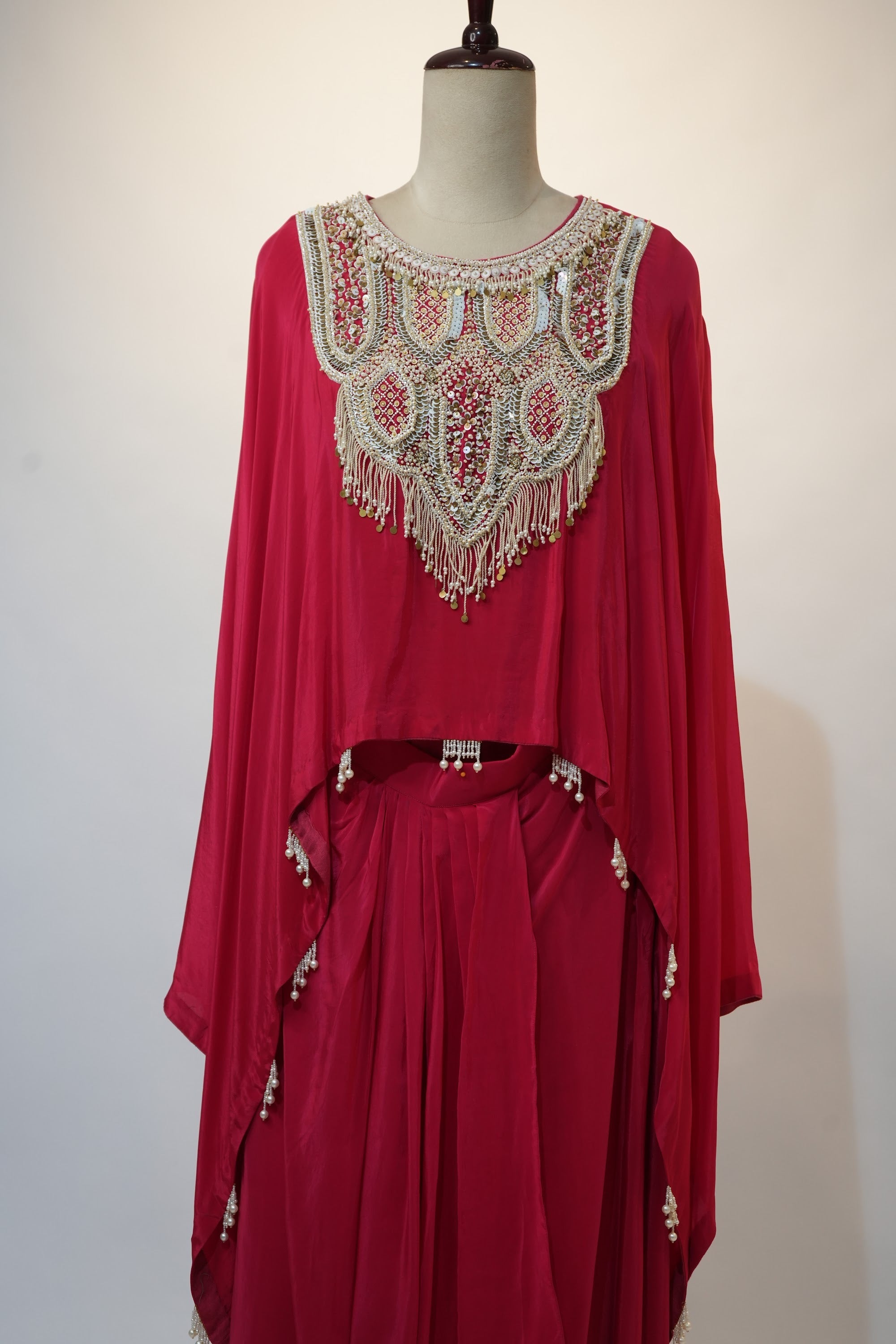 Crimson Red Beaded Cape Kaftan Set