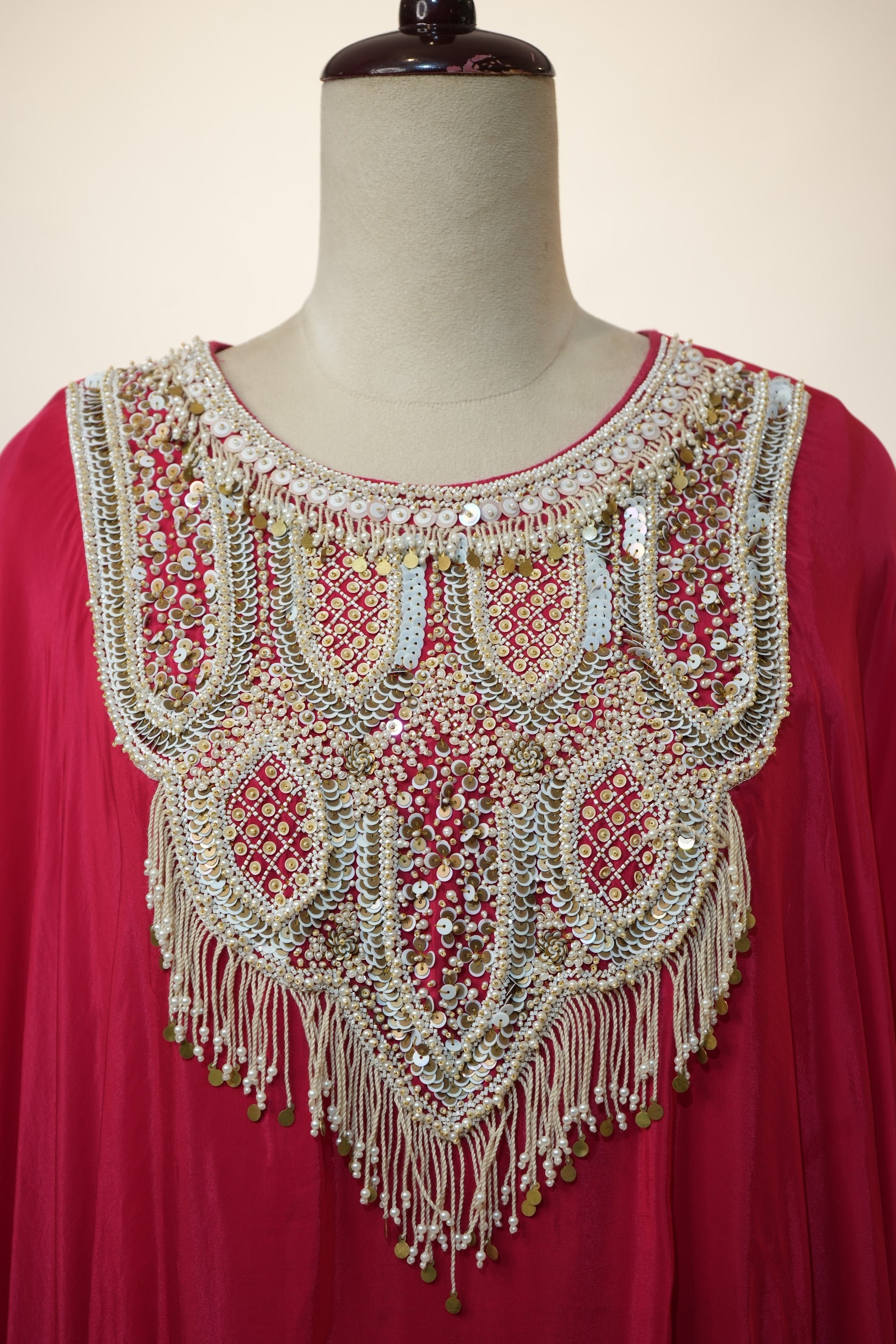 Crimson Red Beaded Cape Kaftan Set
