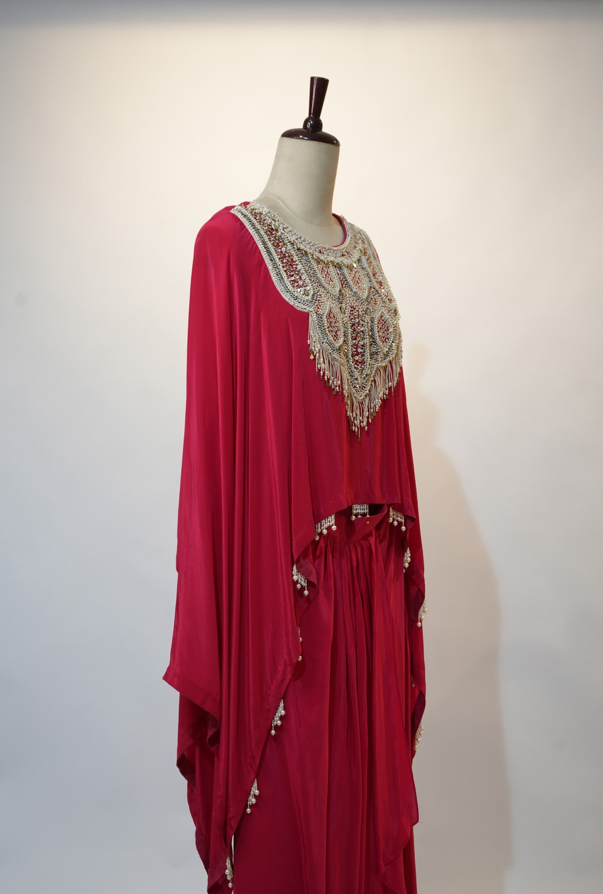 Crimson Red Beaded Cape Kaftan Set