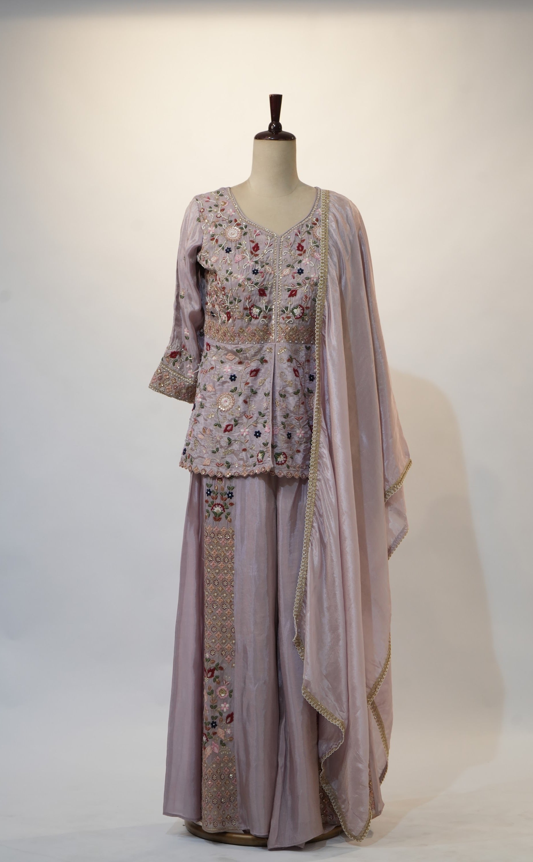 Lilac Floral Thread Embroidered Suit Set