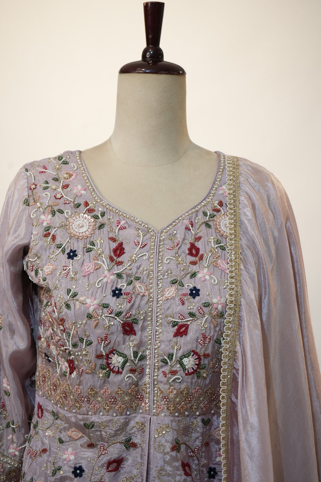 Lilac Floral Thread Embroidered Suit Set