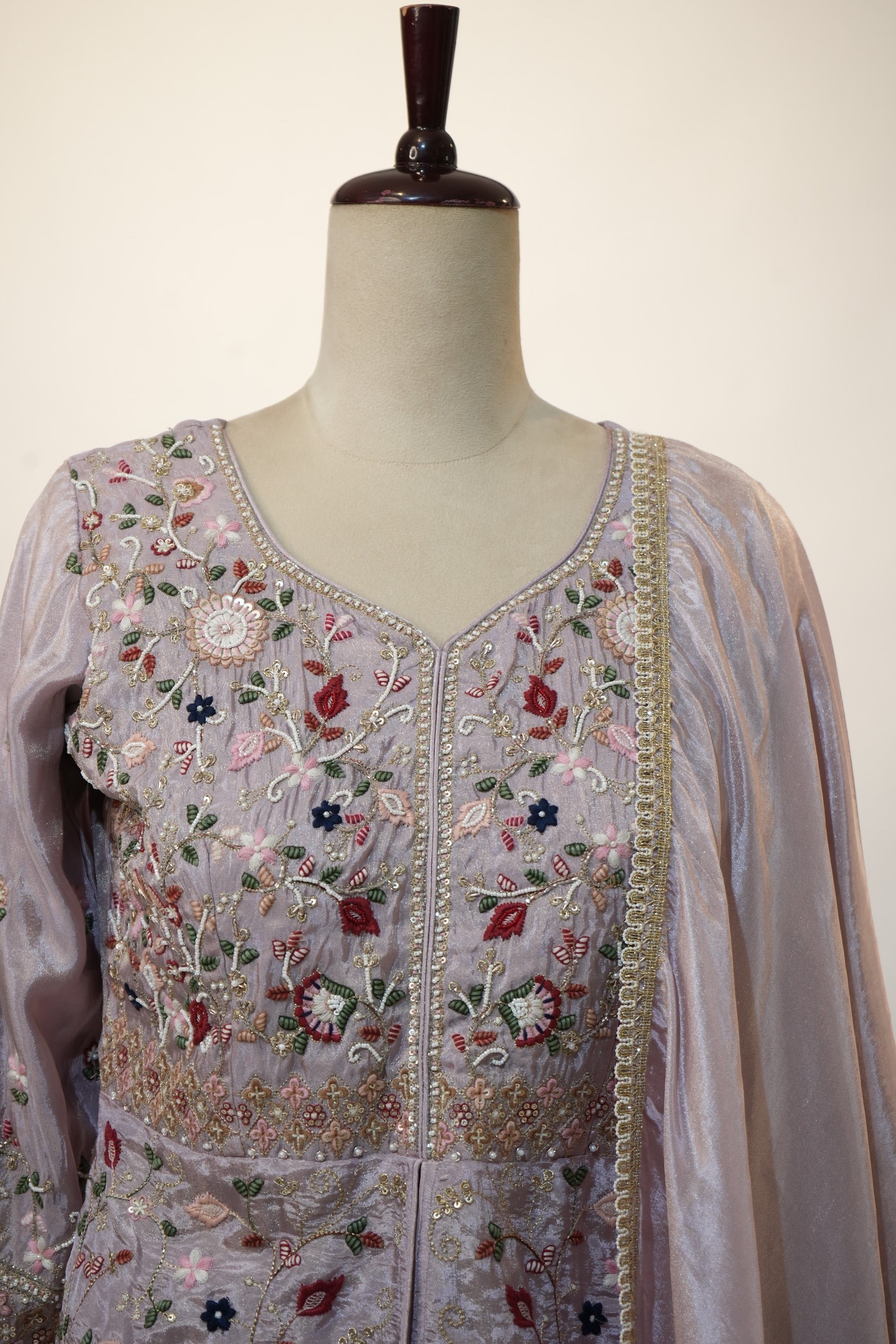 Lilac Floral Thread Embroidered Suit Set