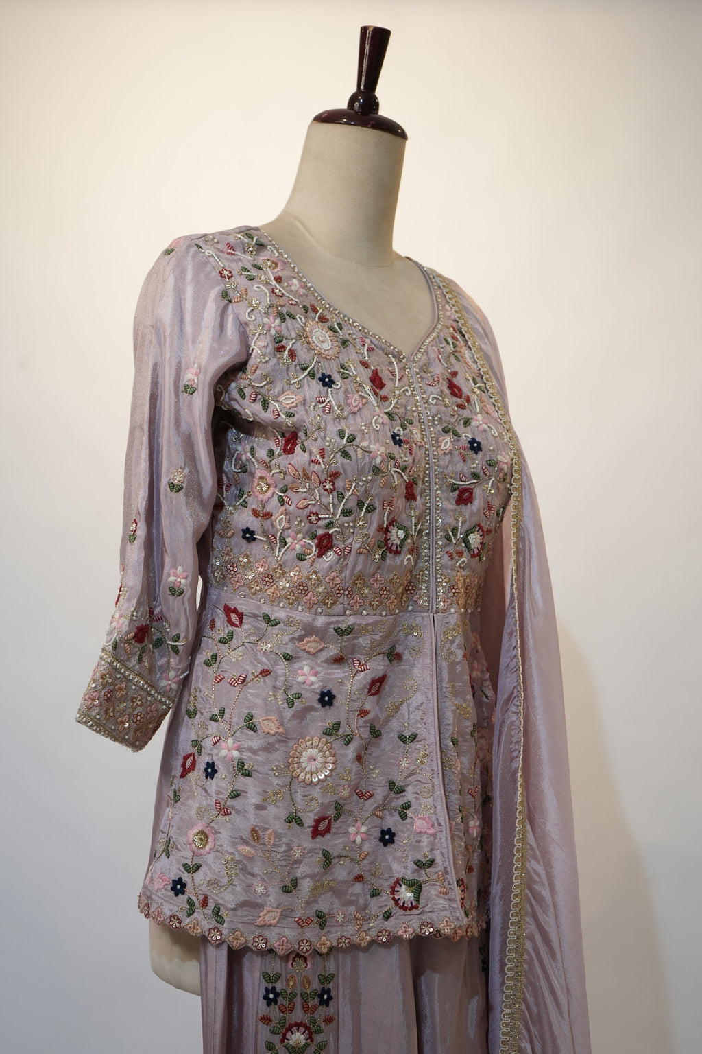 Lilac Floral Thread Embroidered Suit Set