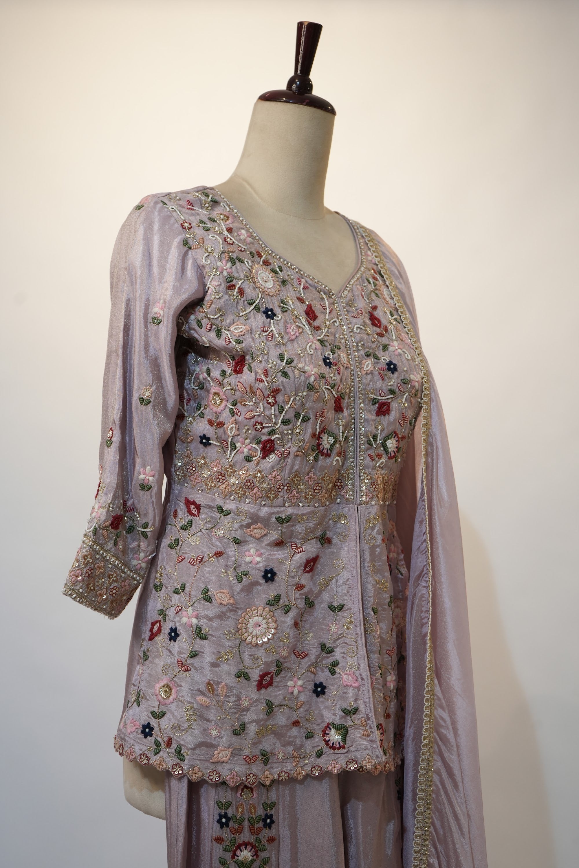 Lilac Floral Thread Embroidered Suit Set
