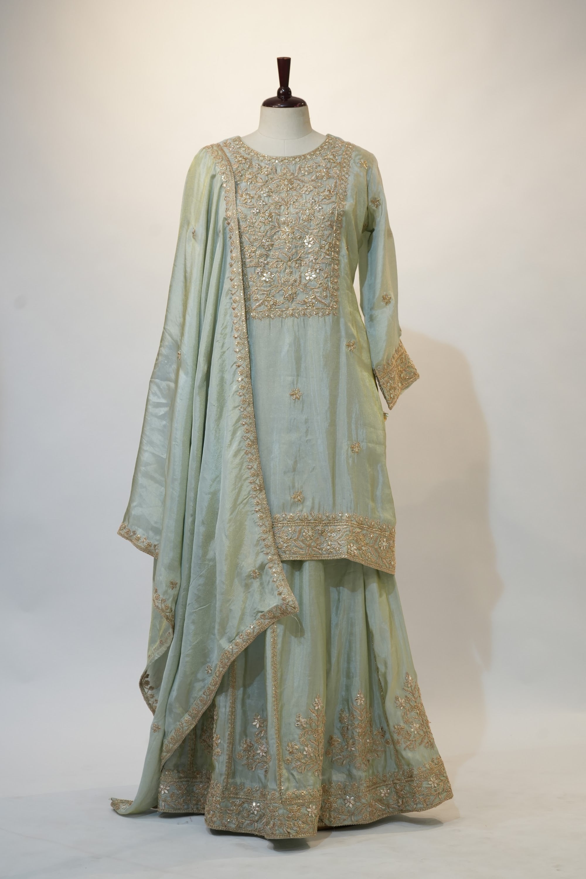 Sage Green Gold Embroidered Sharara Set