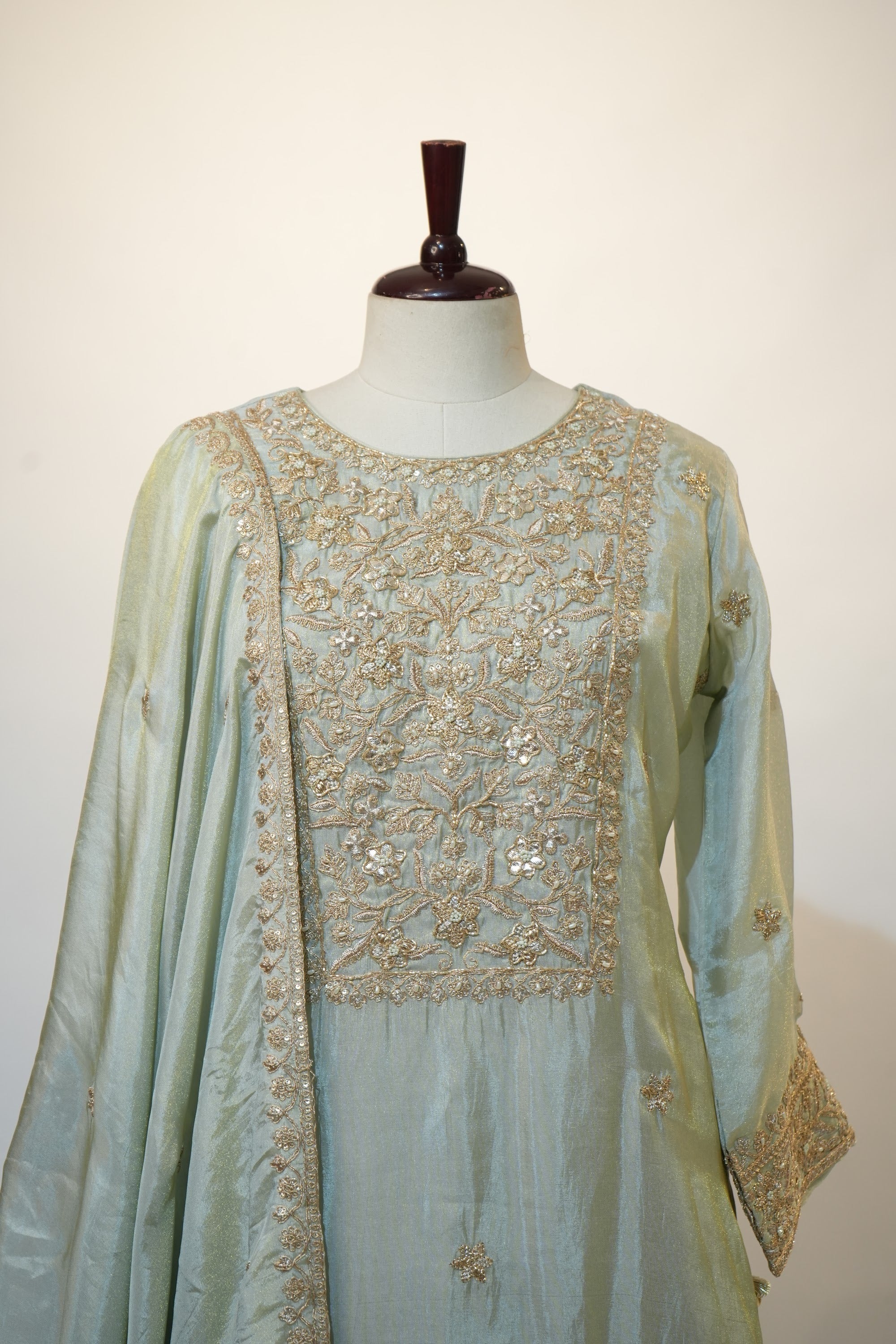 Sage Green Gold Embroidered Sharara Set