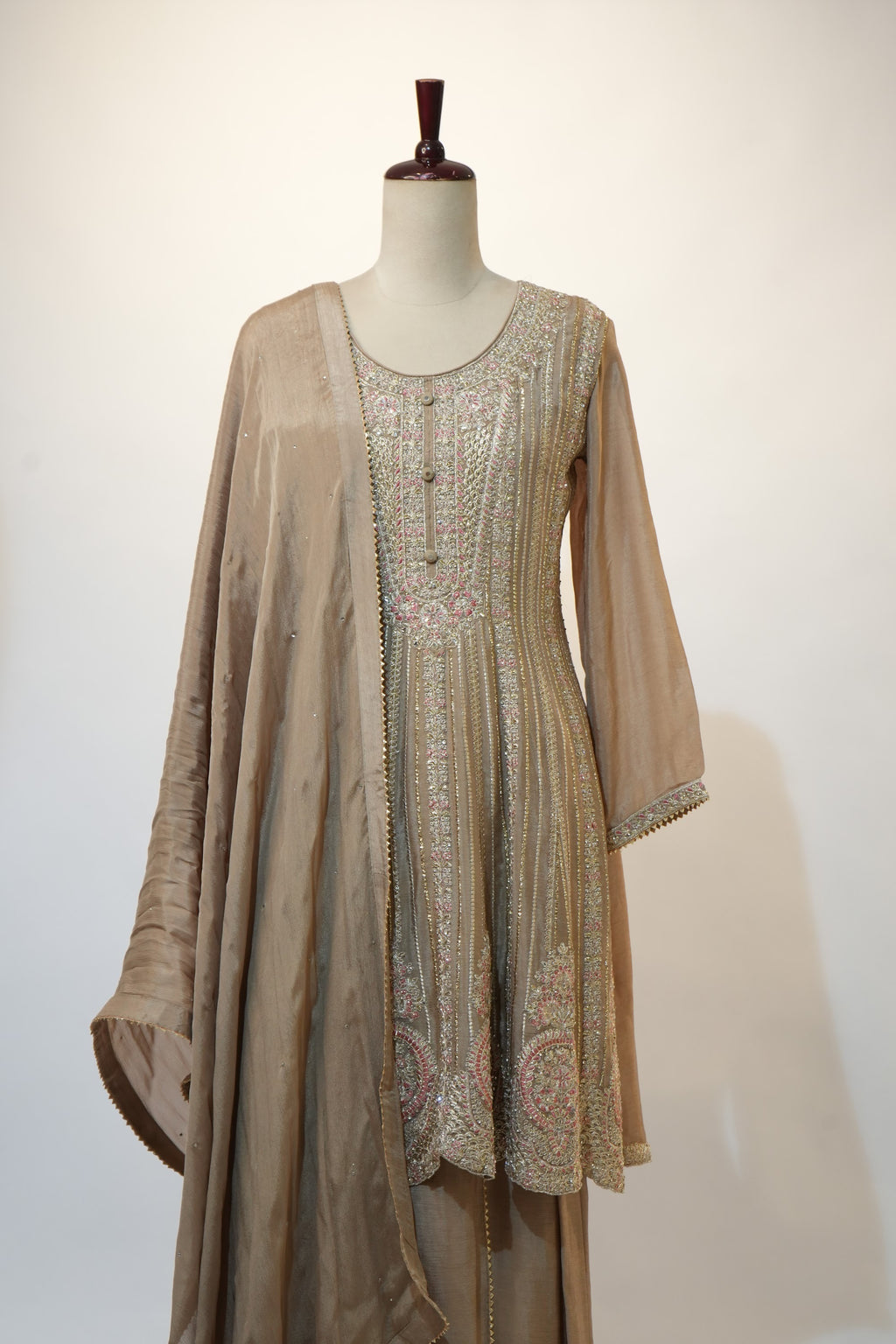 Beige Silver Thread Anarkali Set