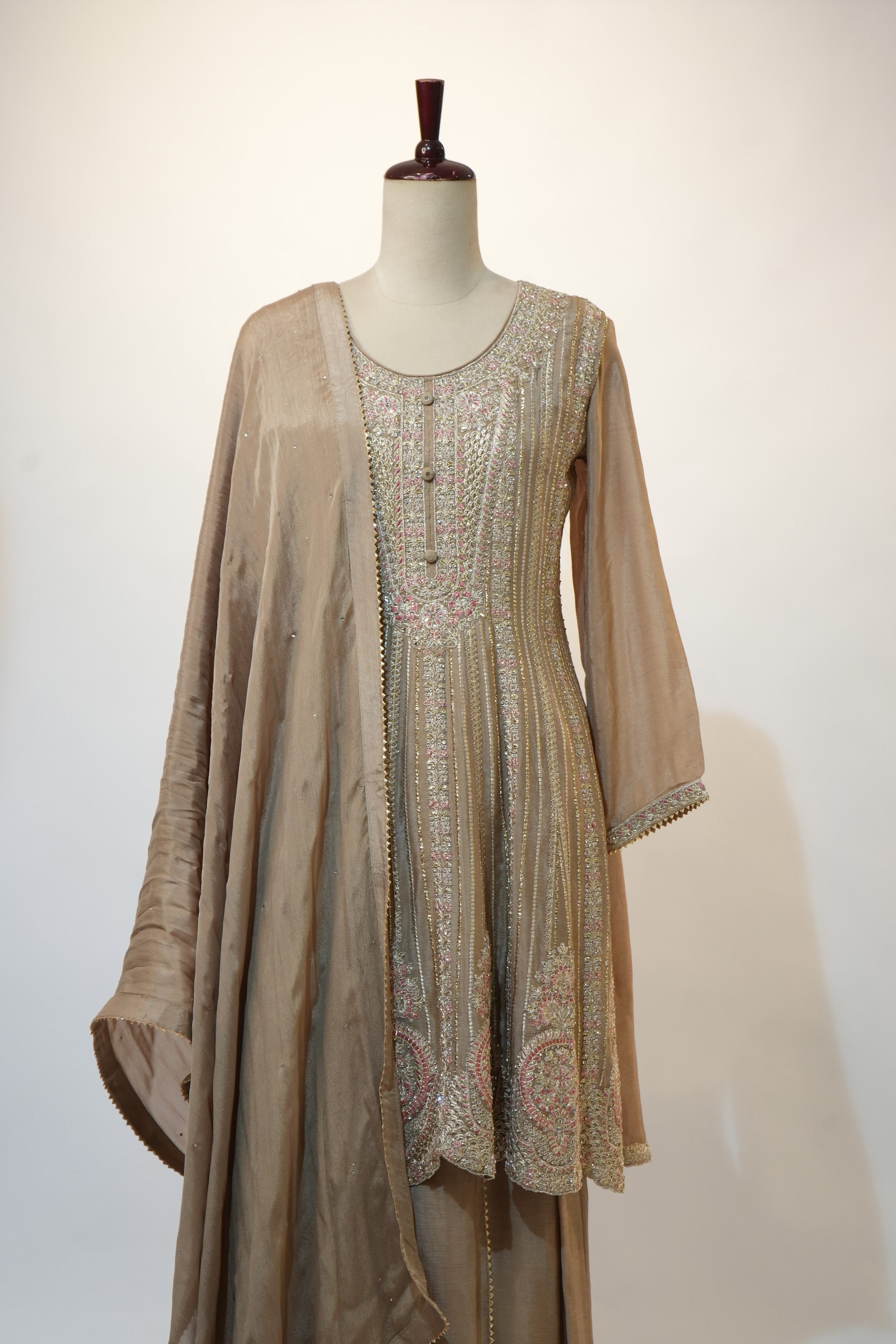 Beige Silver Thread Anarkali Set