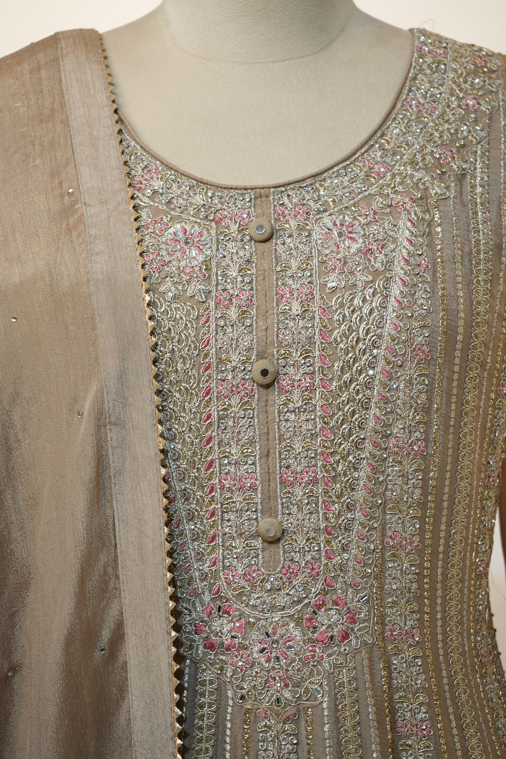 Beige Silver Thread Anarkali Set