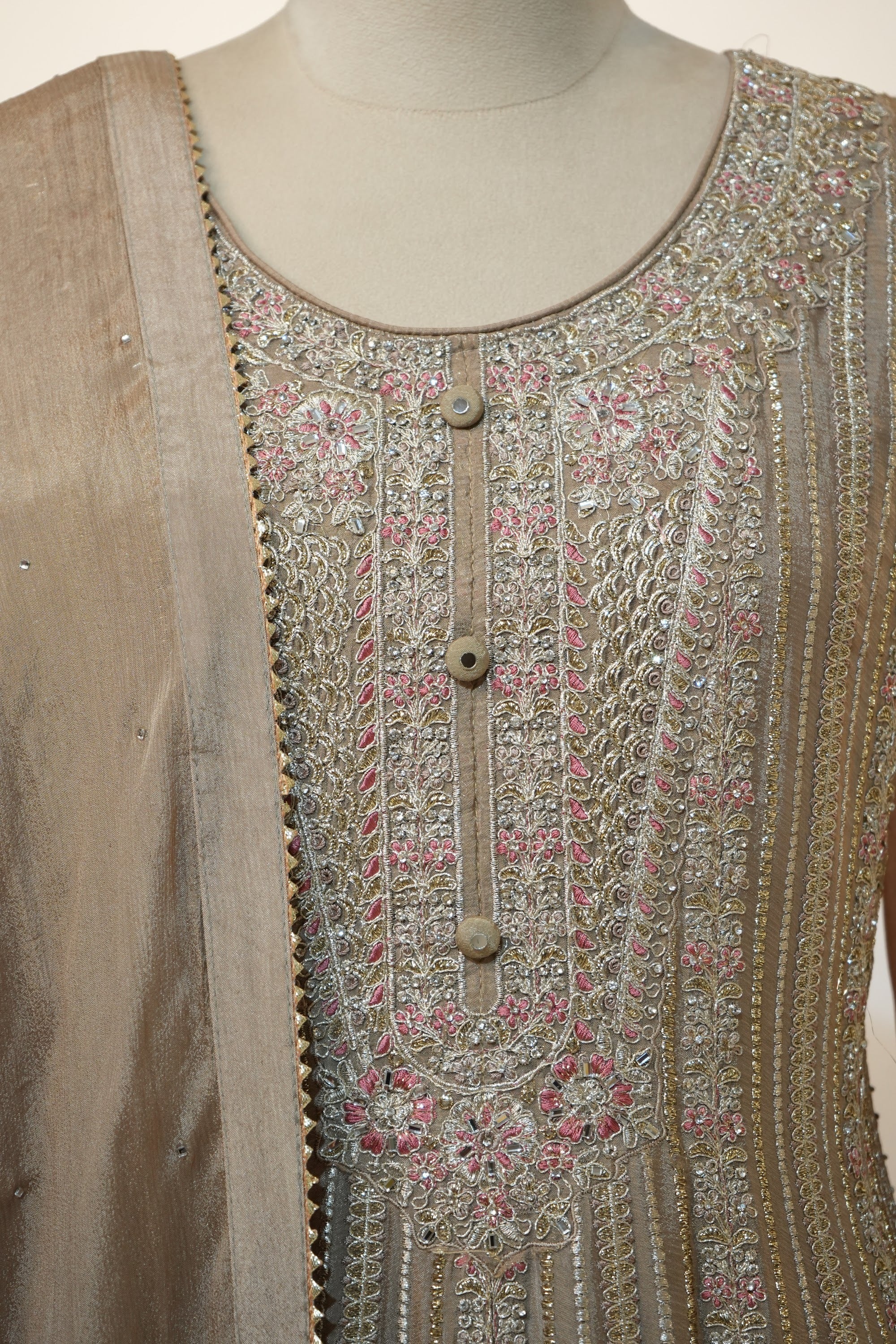 Beige Silver Thread Anarkali Set