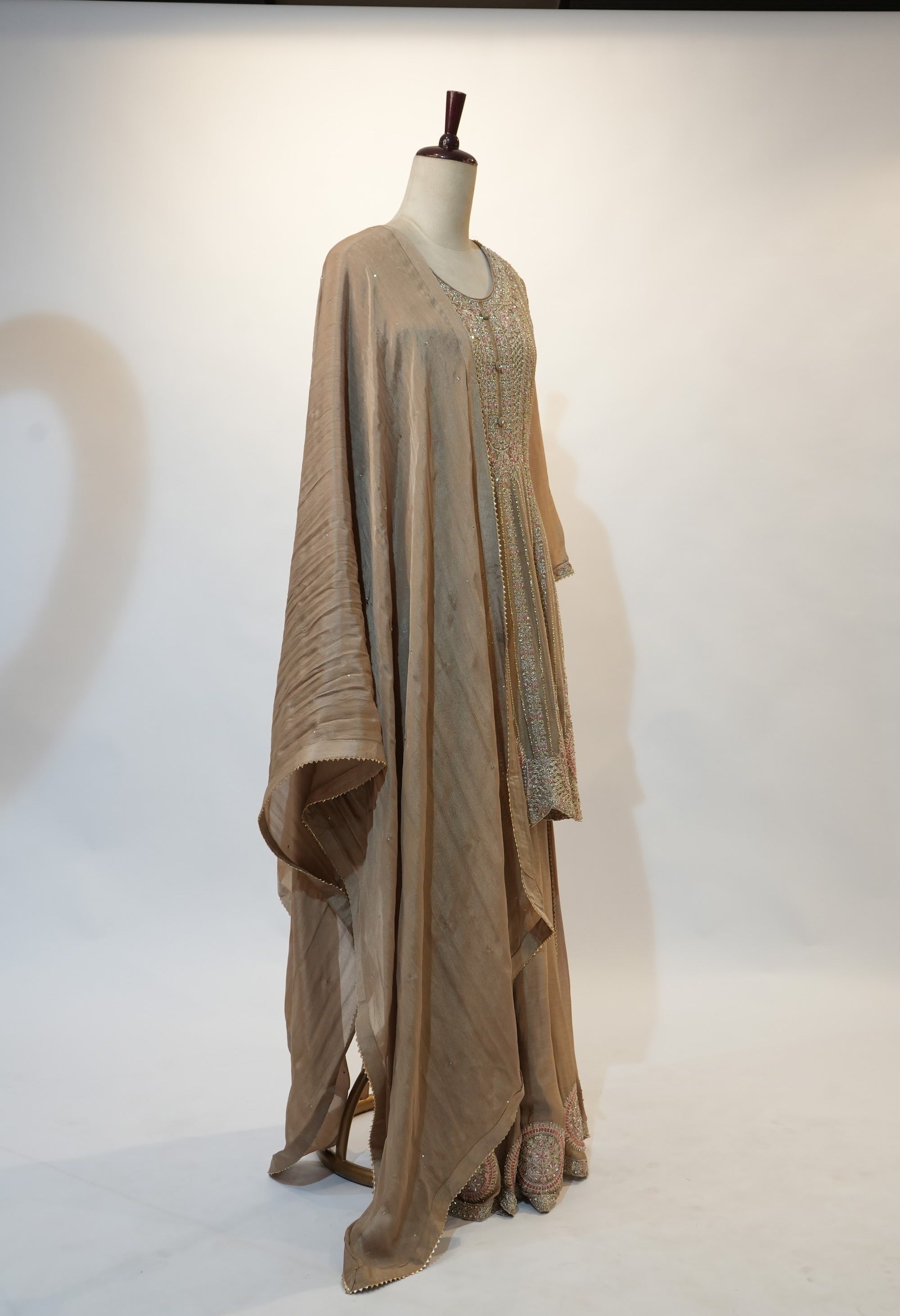 Beige Silver Thread Anarkali Set