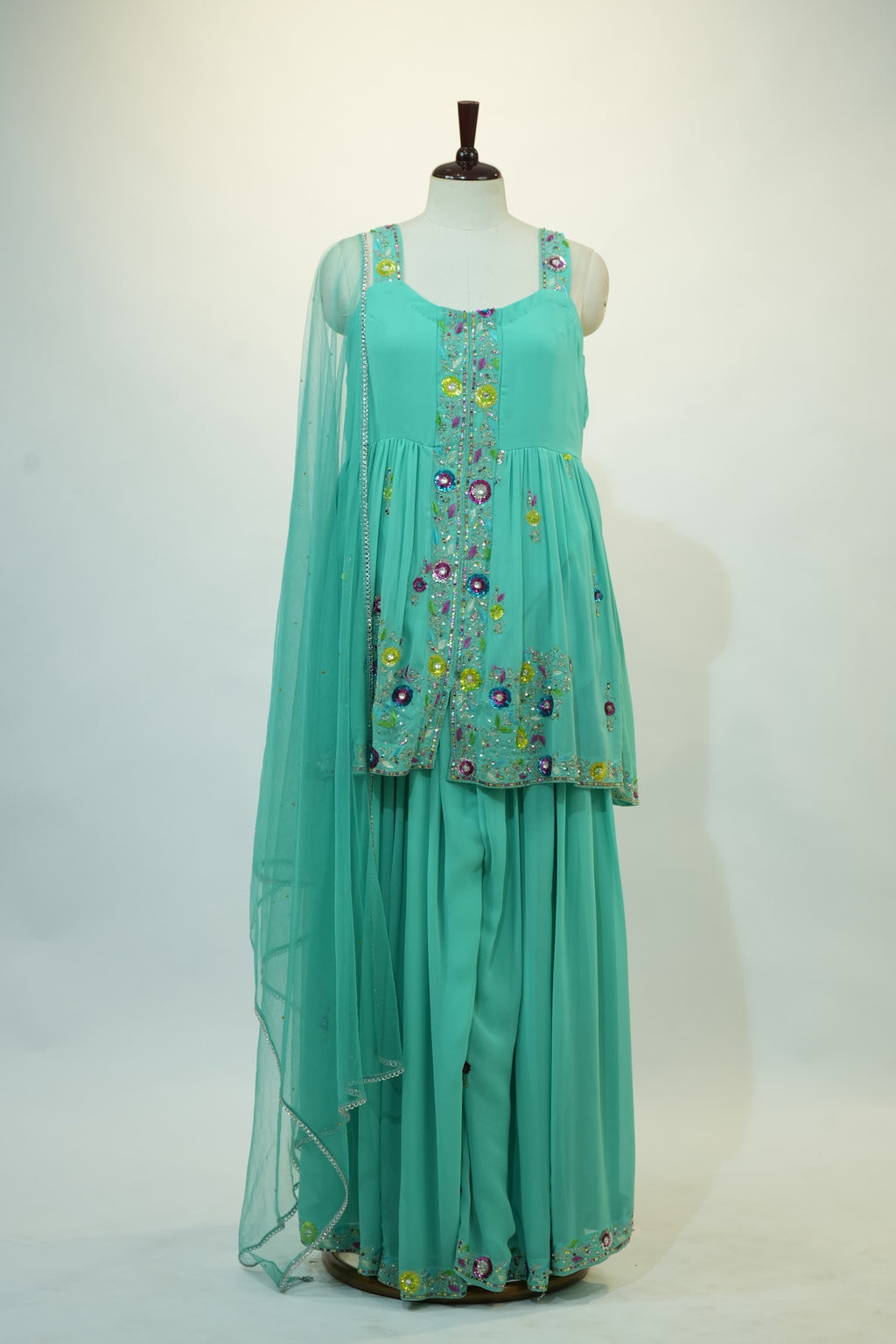 Sea Green Floral Embroidered Sharara Set