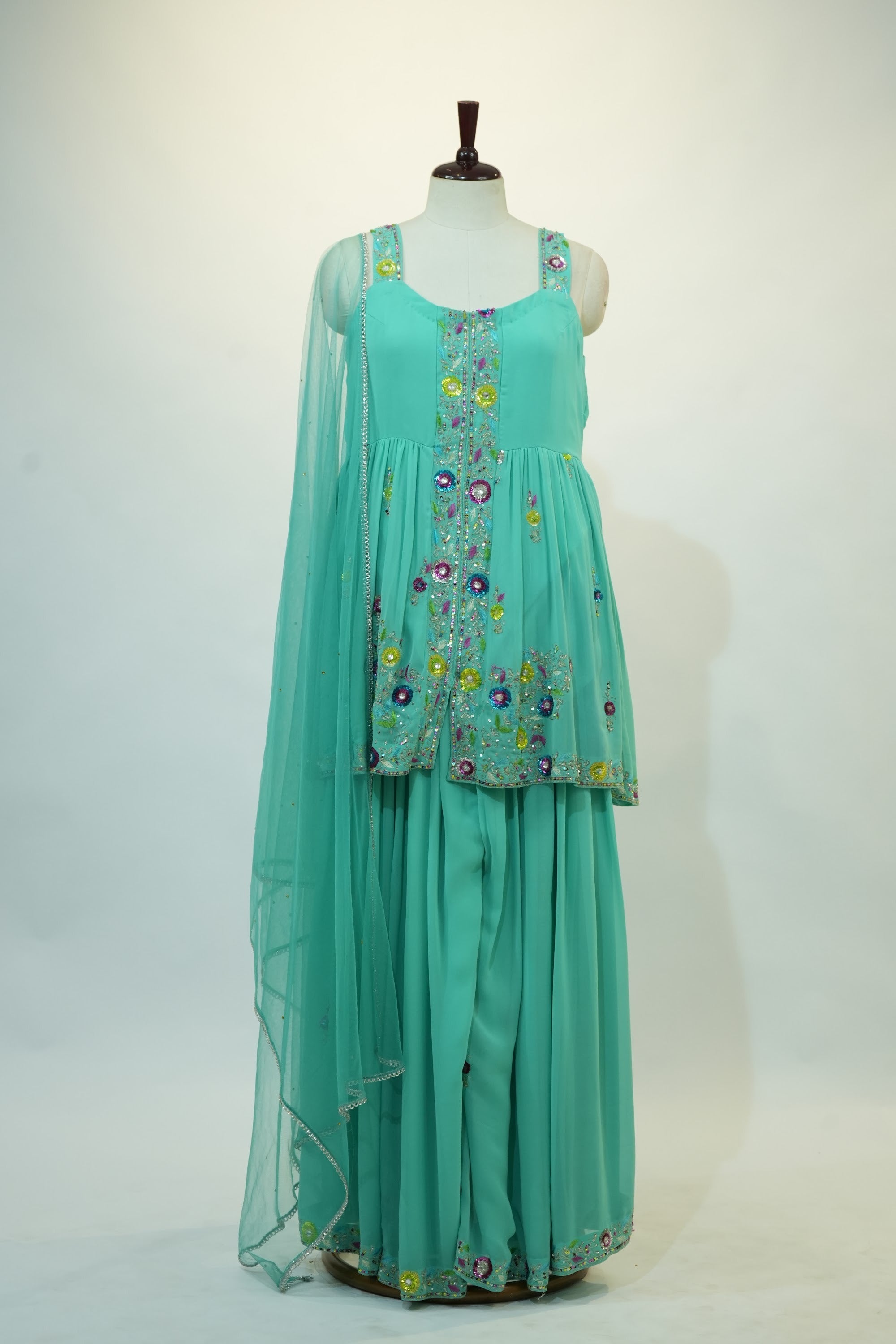Sea Green Floral Embroidered Sharara Set