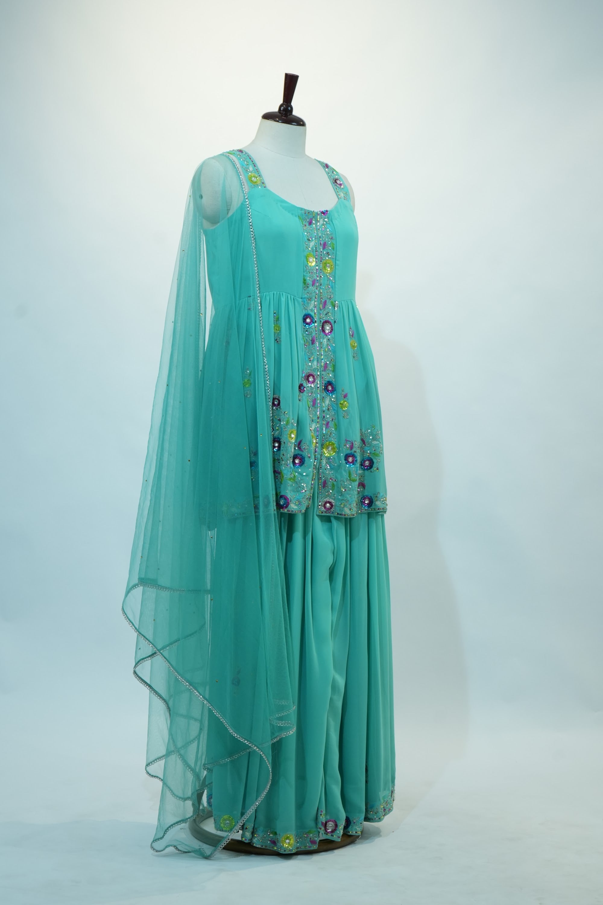 Sea Green Floral Embroidered Sharara Set