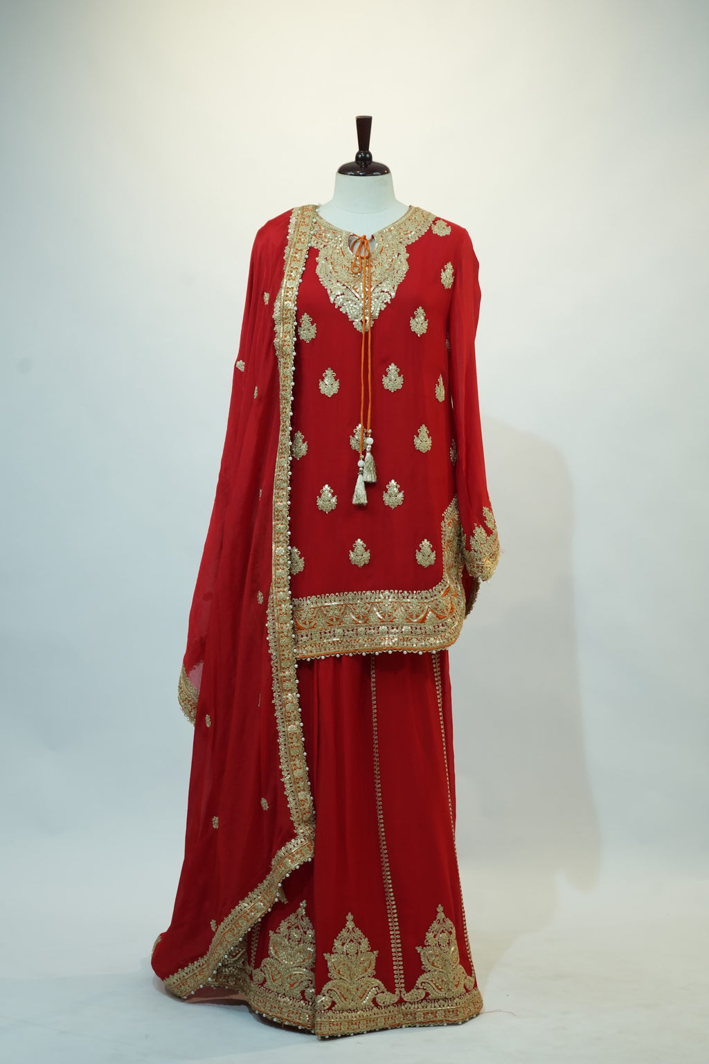 Red Gold Embroidered Sharara Set