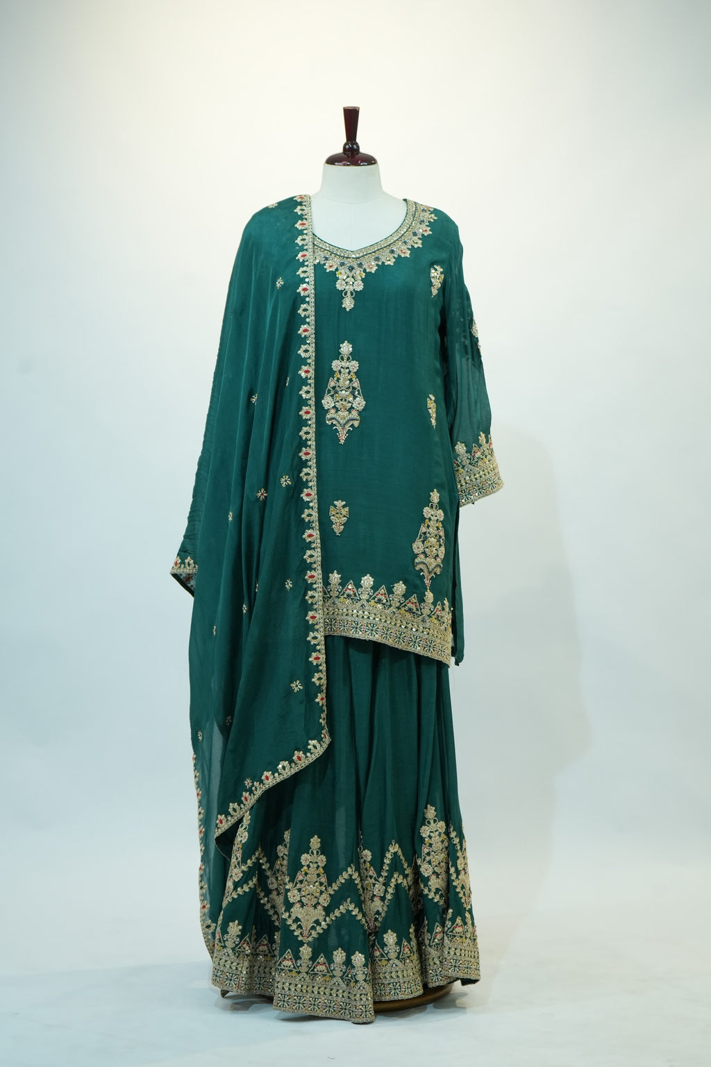 Teal Green Floral Embroidered Sharara Set
