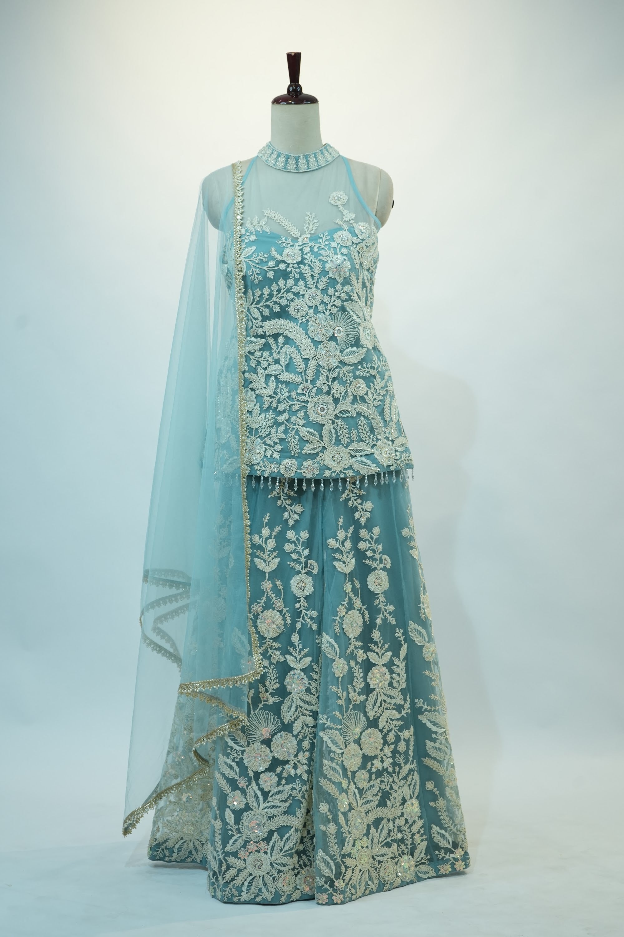 Ice Blue Lace Applique Sharara Set
