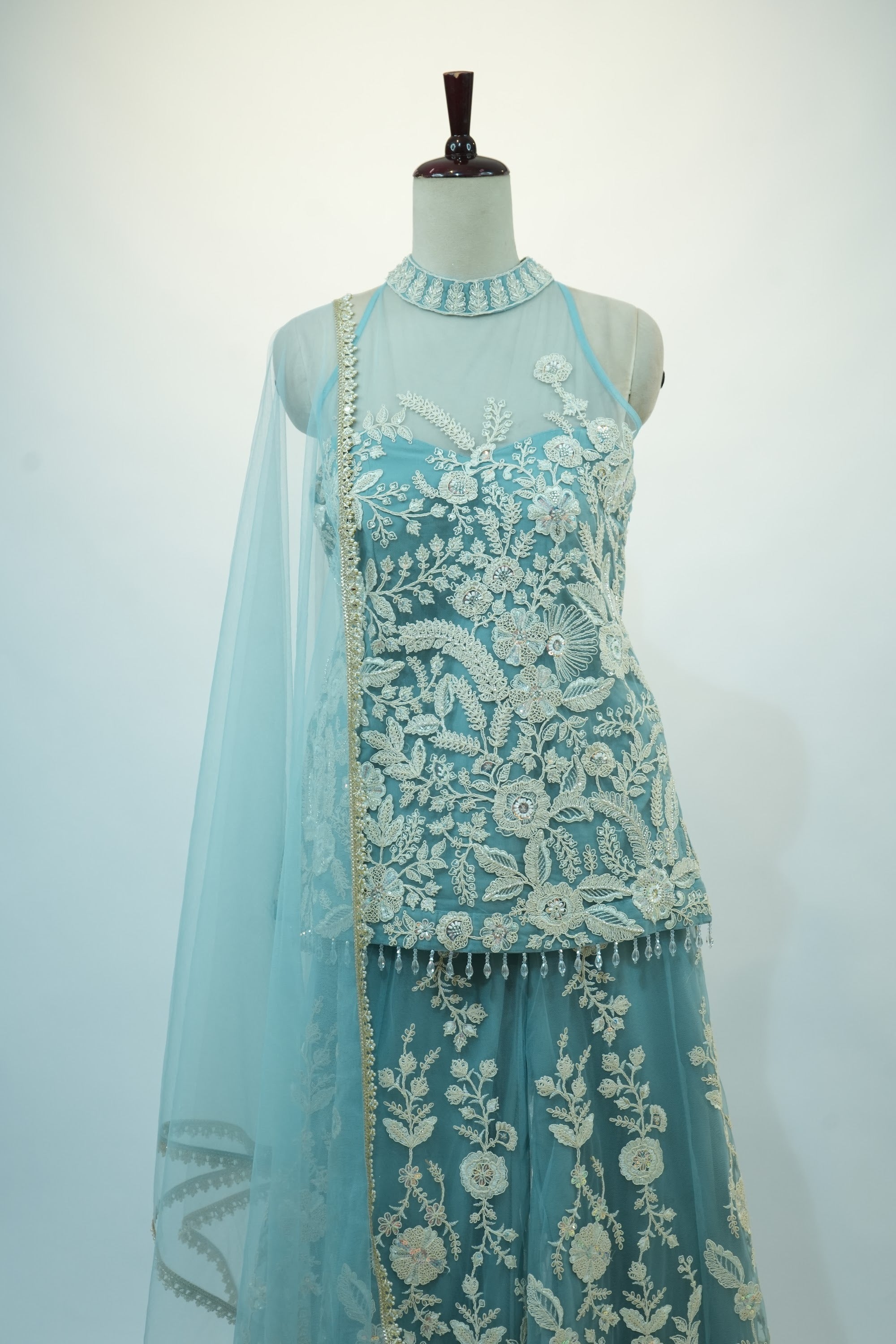 Ice Blue Lace Applique Sharara Set