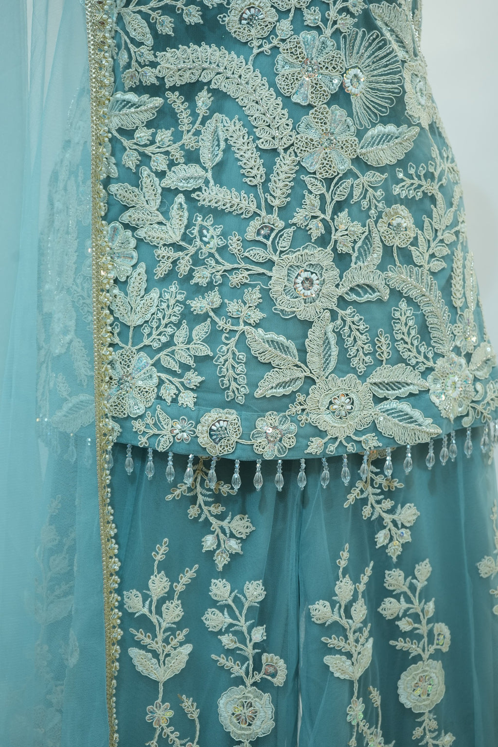 Ice Blue Lace Applique Sharara Set