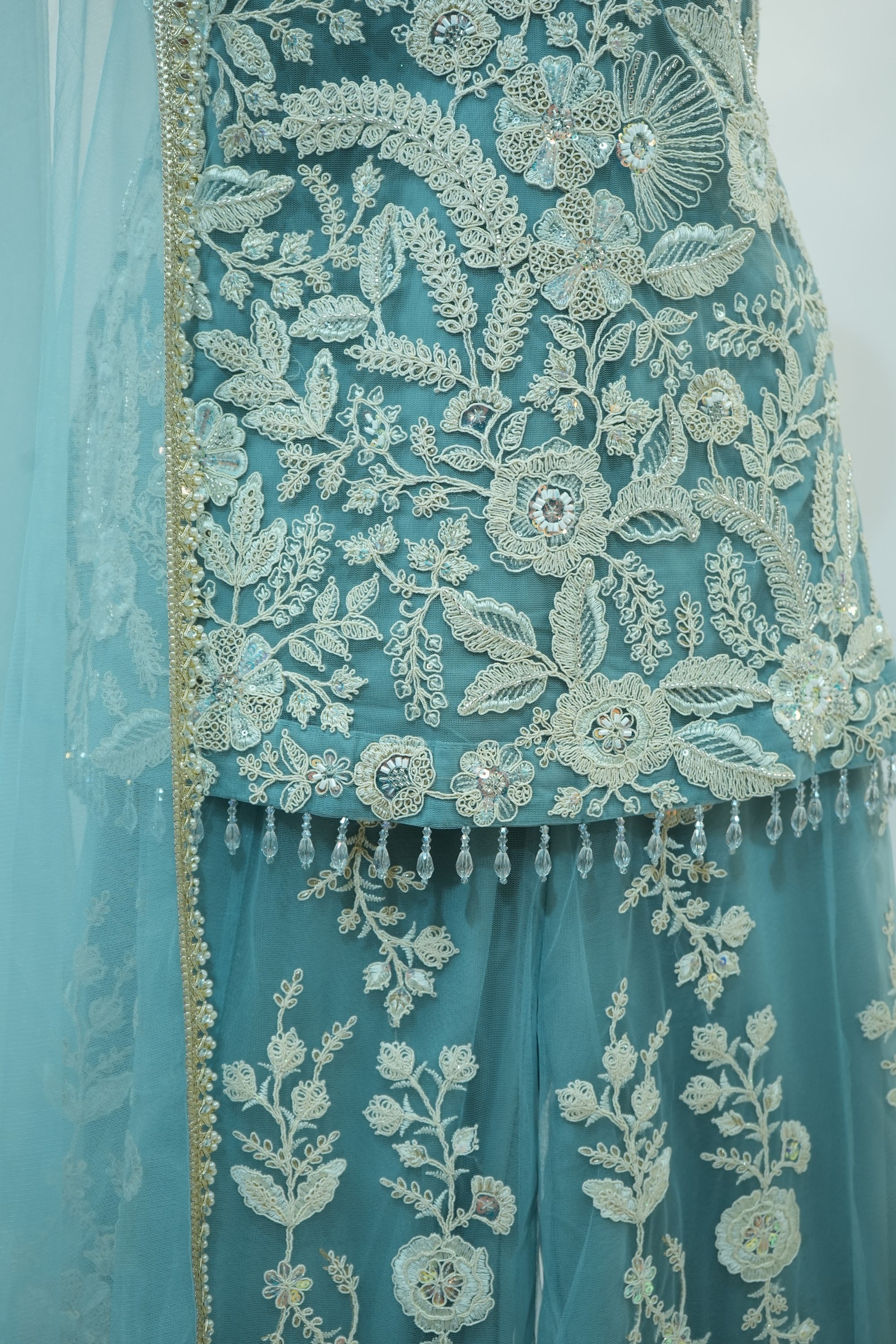 Ice Blue Lace Applique Sharara Set