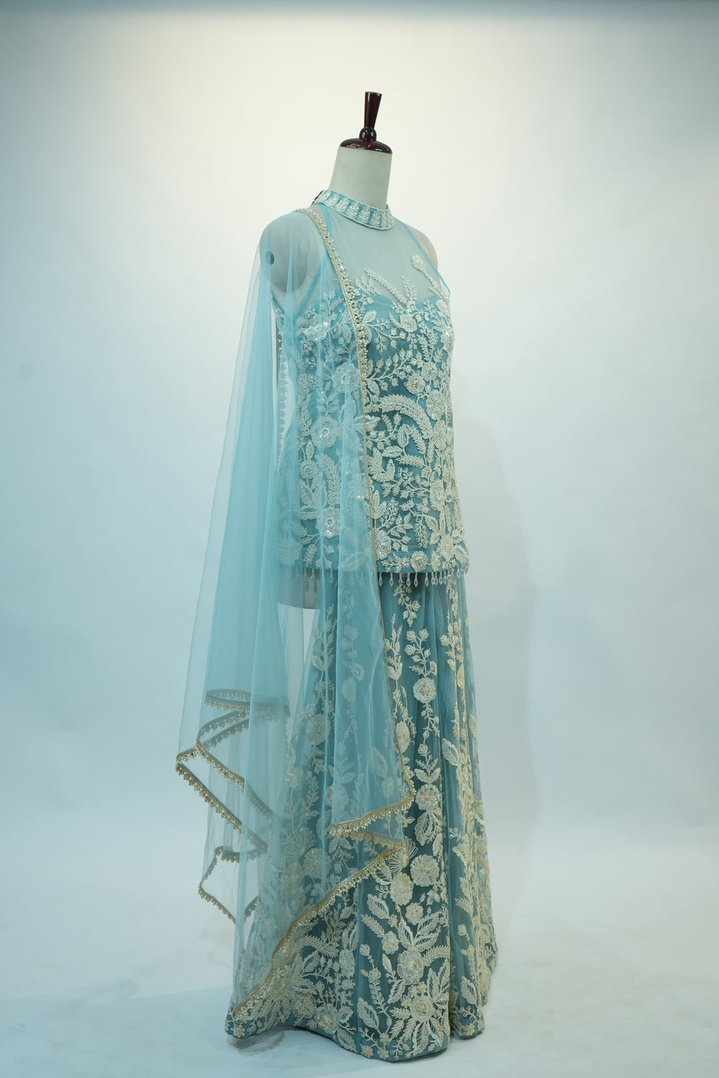 Ice Blue Lace Applique Sharara Set